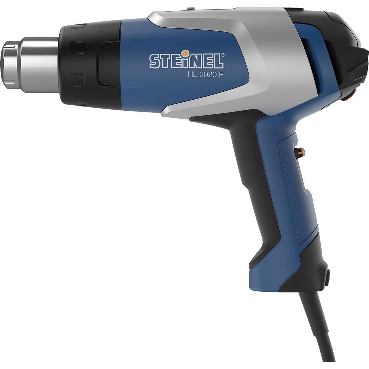 Pistola termica Steinel HL 2020 E blu e argento. Manico e ugello neri.