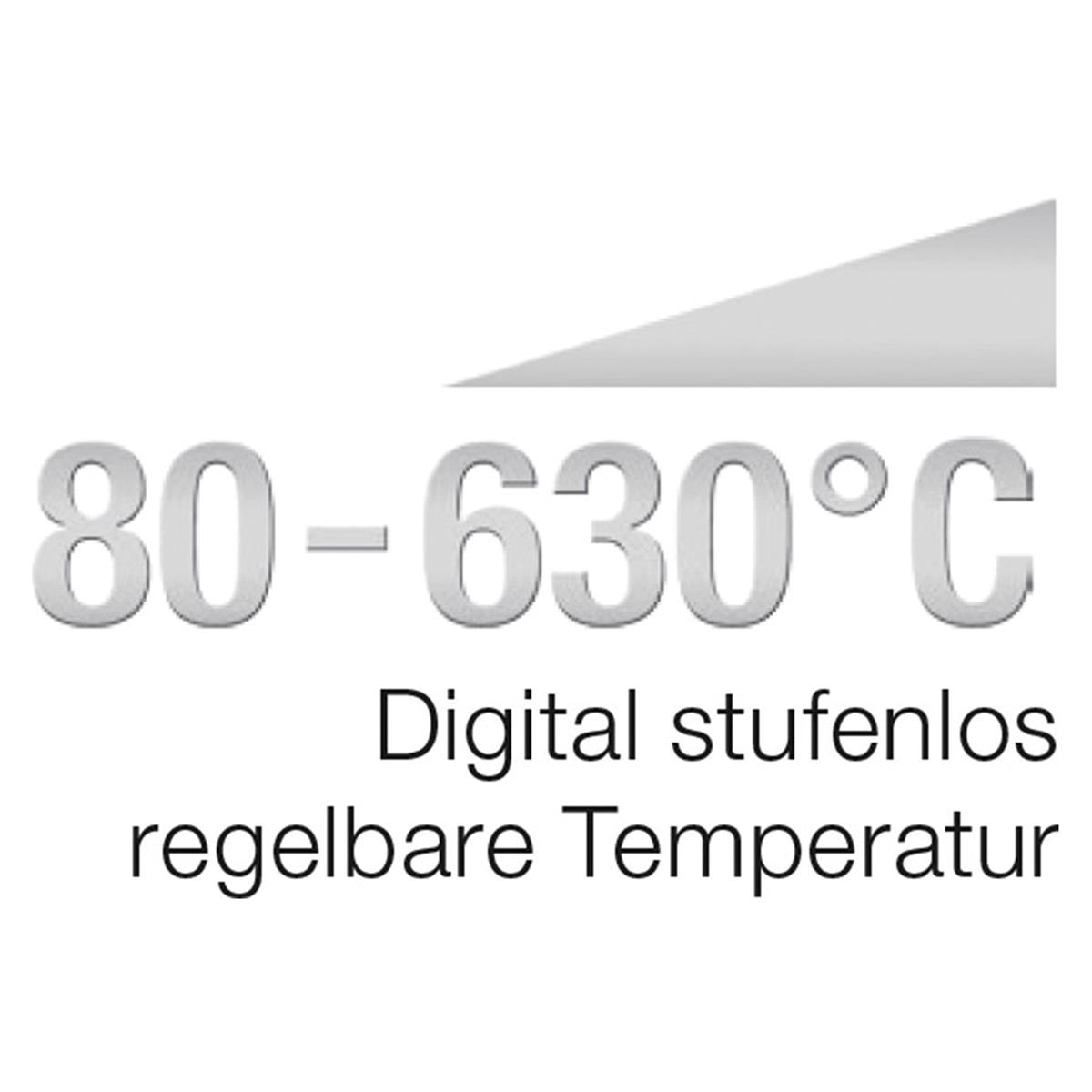 Testo: 80-630°C Temperatura digitale regolabile in continuo, con una freccia bianca rivolta verso l'alto.