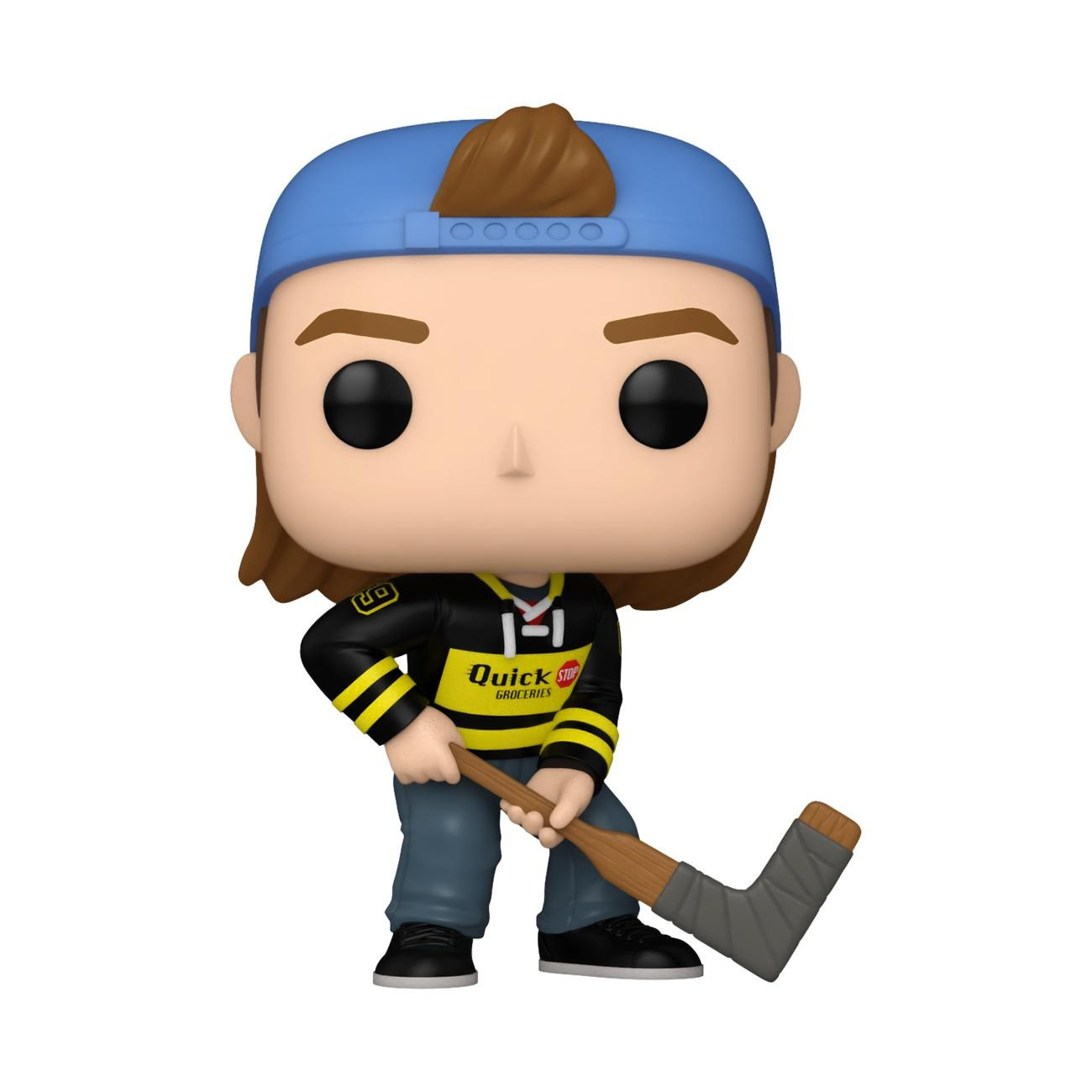 Figurka Funko Pop postaci z kreskówki trzymającej kij hokejowy, w niebieskiej czapce i czarno-żółtej koszulce.