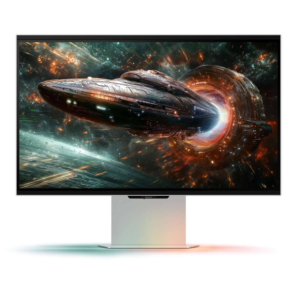 Ein Fernsehbildschirm zeigt ein Raumschiff, das aus einem Portal kommt.