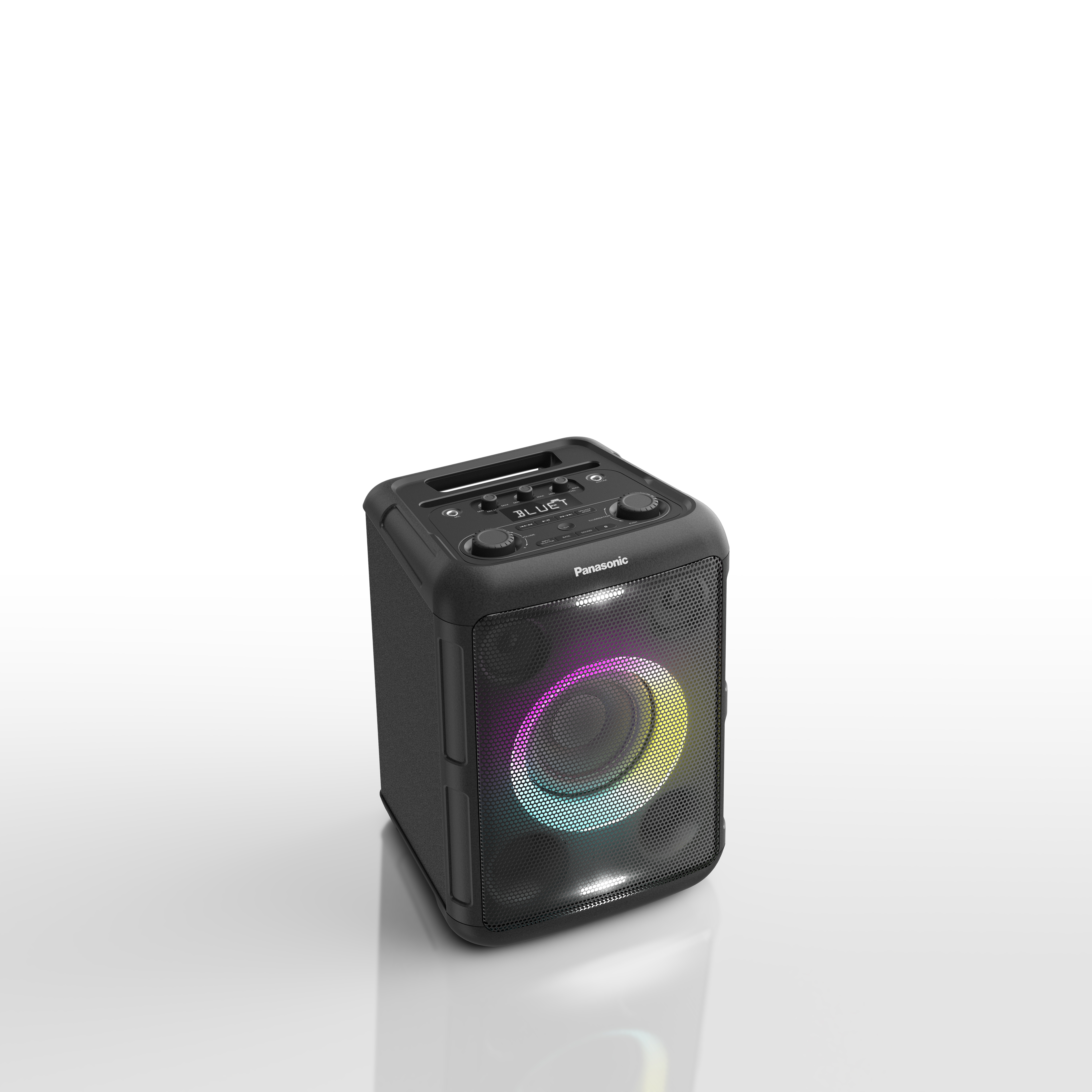 Czarny głośnik kwadratowy z kolorowym światłem w środku, białe tło. Przyciski na górze, logo Panasonic z przodu.