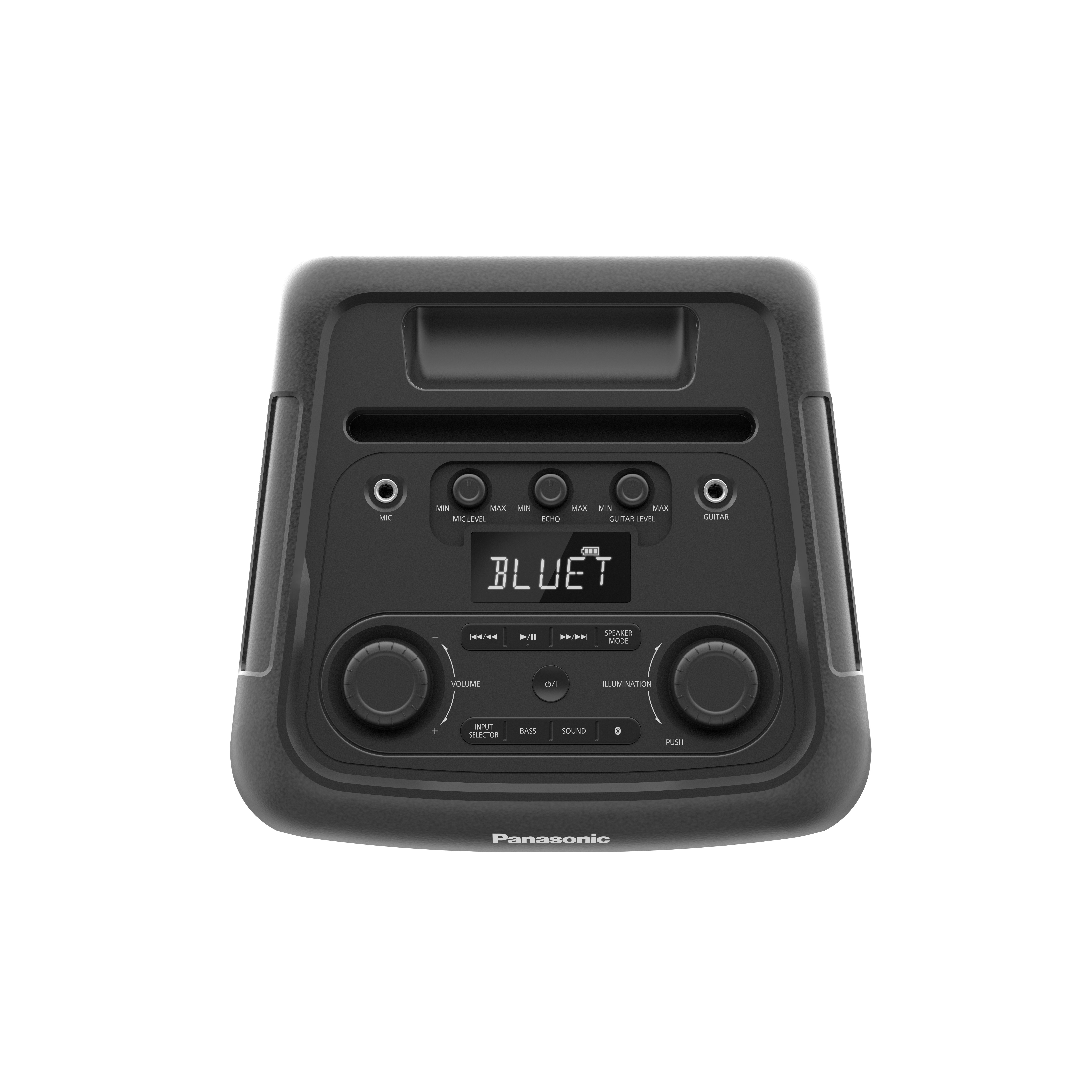 Czarny głośnik z przyciskami sterowania i wyświetlaczem z napisem BLUET na biało.