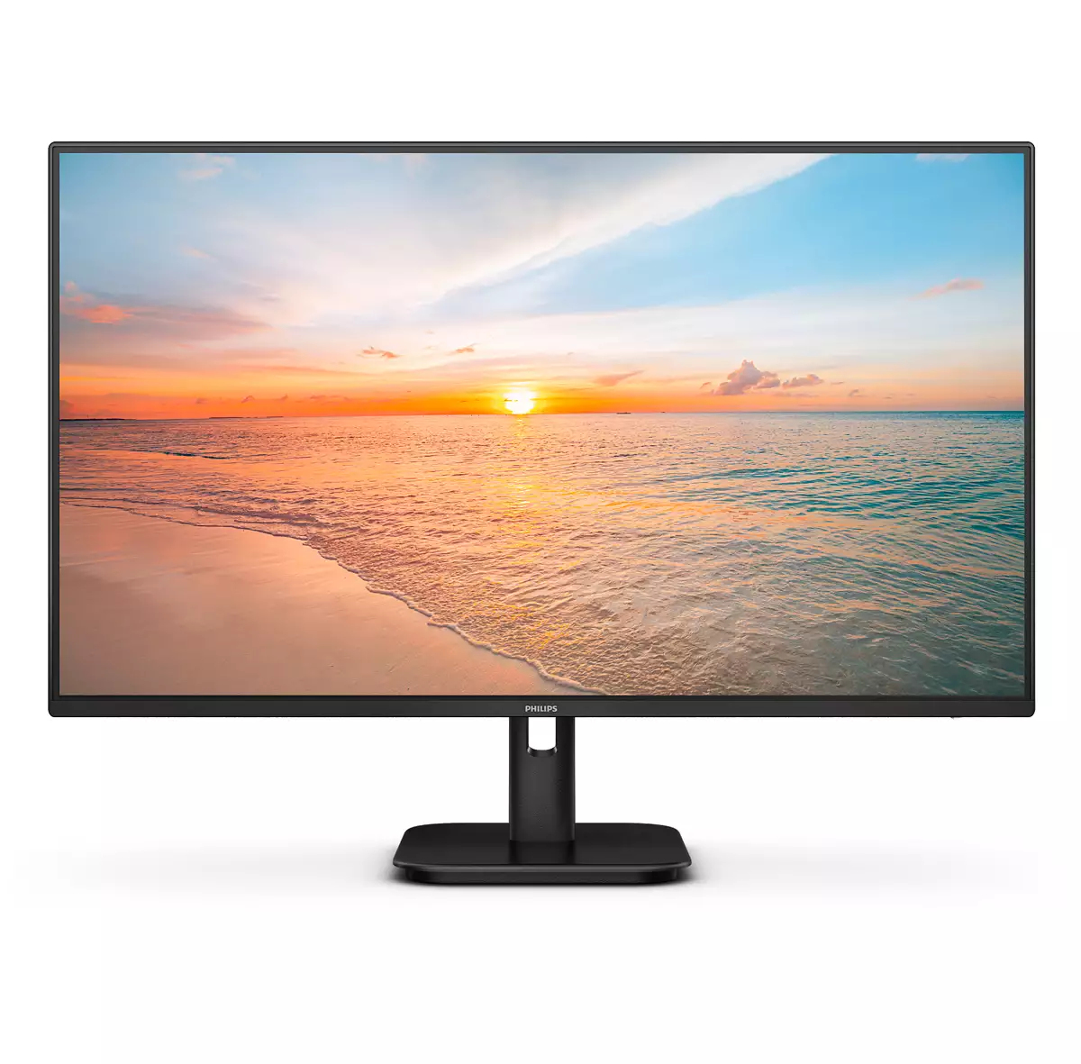 Ein breiter Monitor zeigt eine Strand-Sonnenuntergangsszene. Der Rahmen ist schwarz.