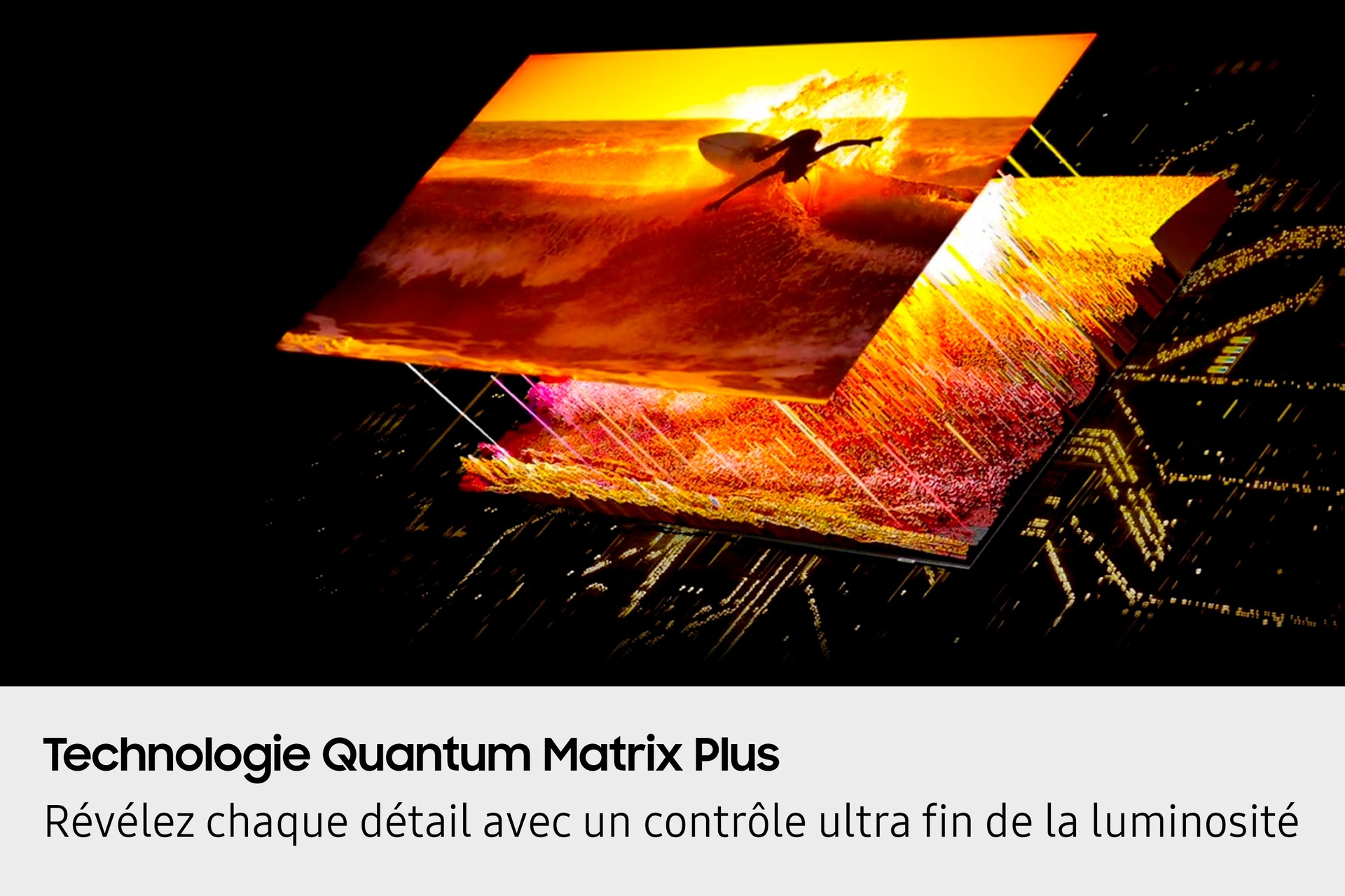 Reklama pokazująca wizualizację ekranu i tekst o quantum matrix plus.