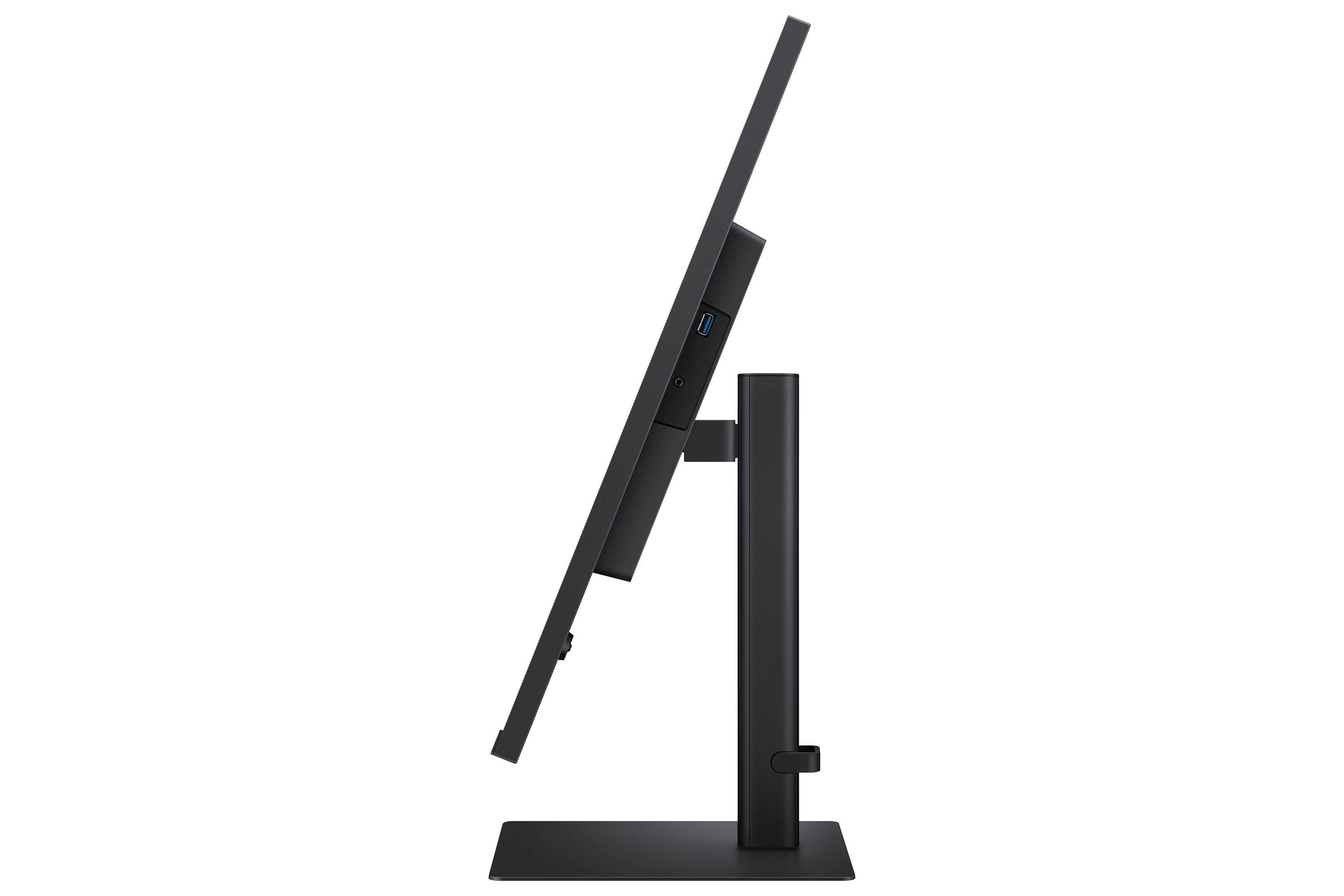 Czarny monitor komputera, widok z boku, na białym tle.