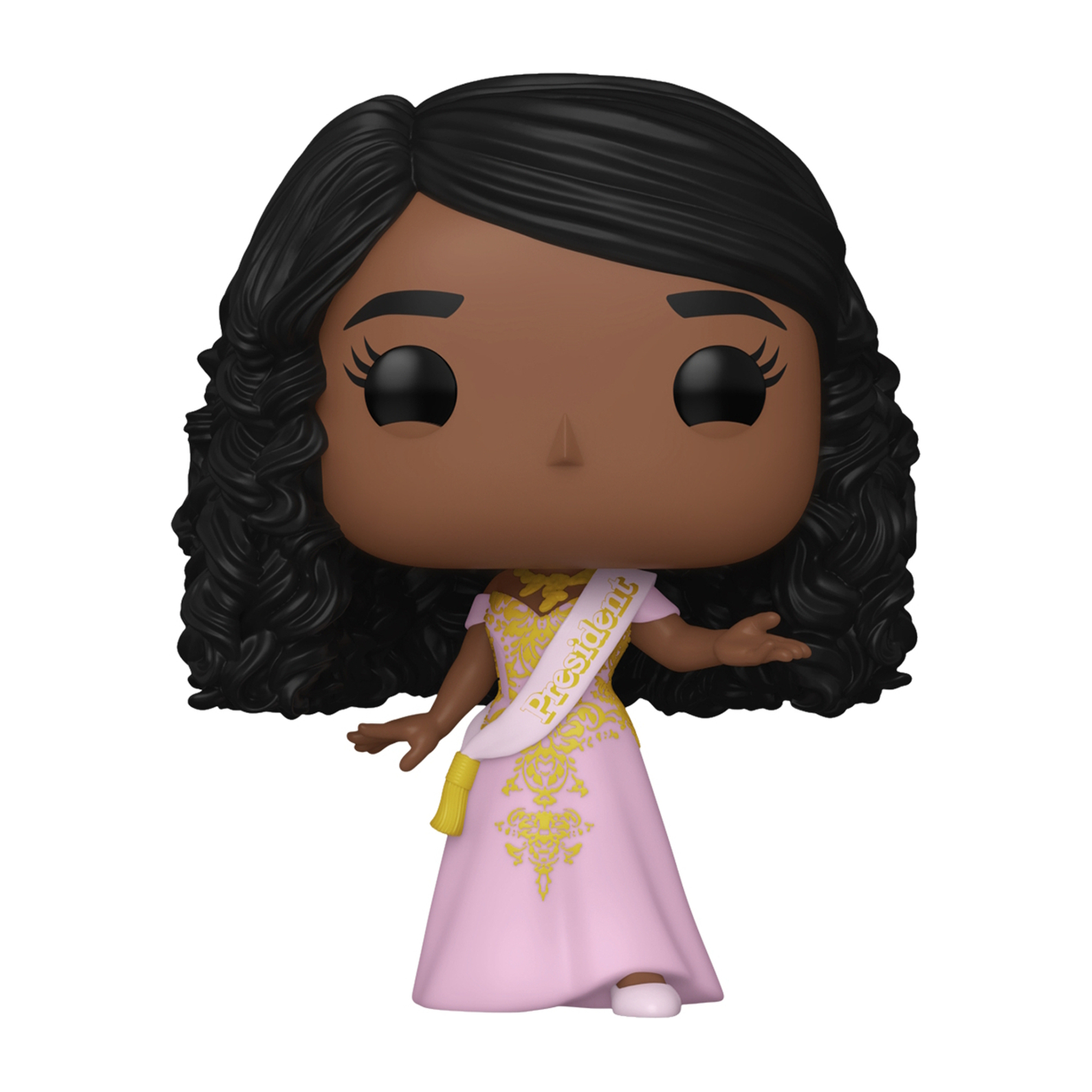 Figurka Funko Pop czarnej kobiety w różowej sukience z szarfą z napisem "Prezydent".