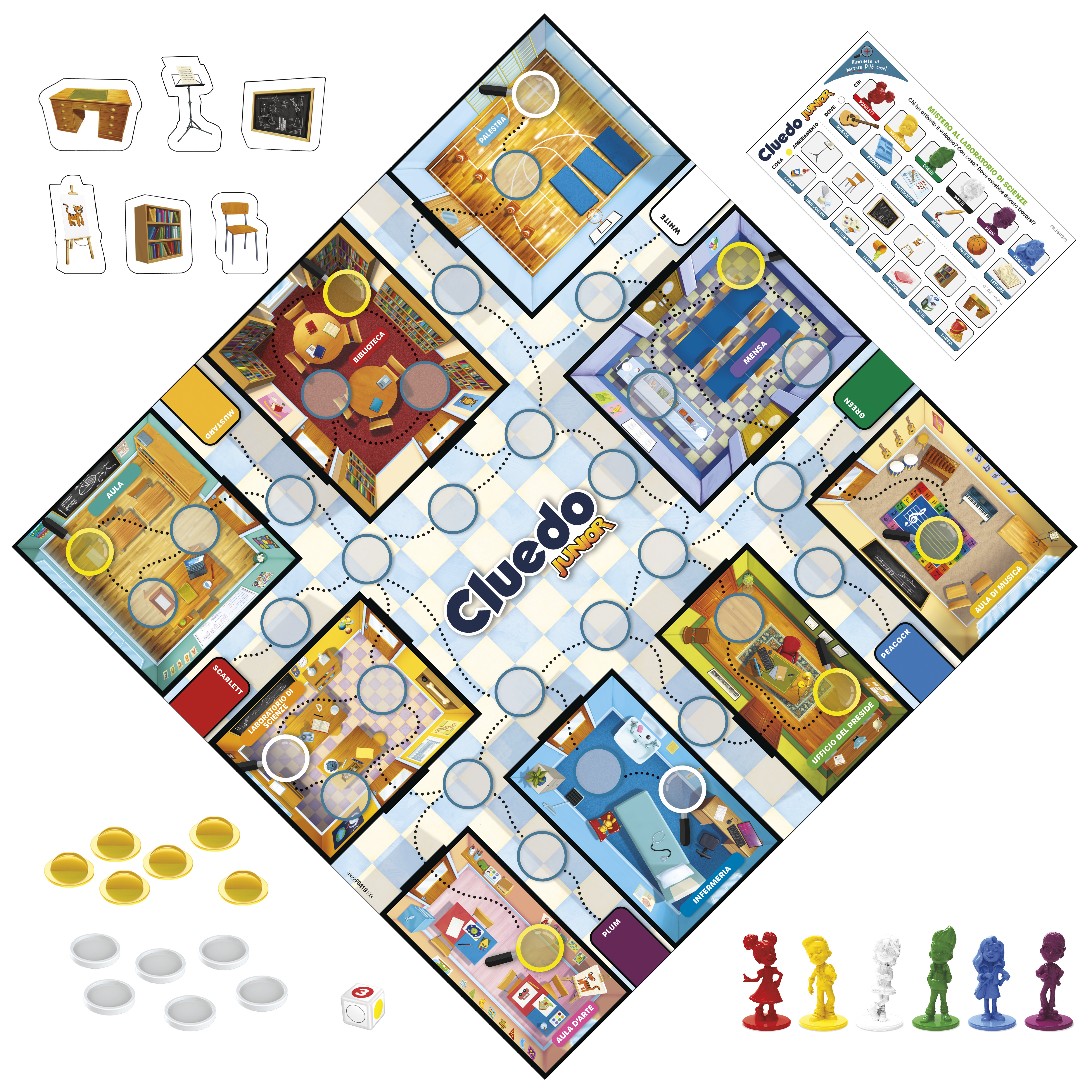 Tabellone di gioco Cluedo Junior. Mostra stanze, corridoi e un'area centrale con pedine e accessori.