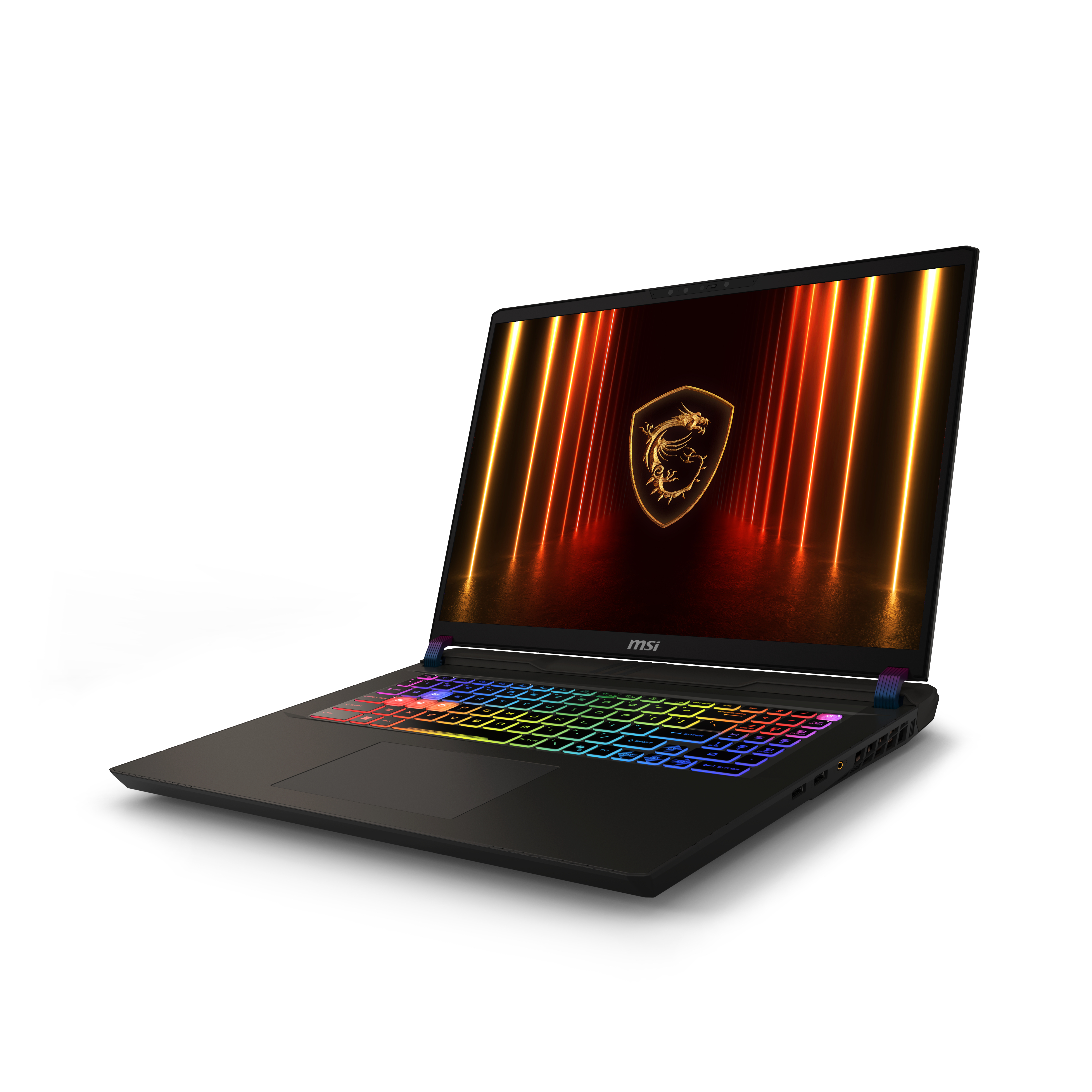 Schwarzer MSI-Laptop mit bunter Tastatur, beleuchtetem Bildschirm. Weißer Hintergrund.