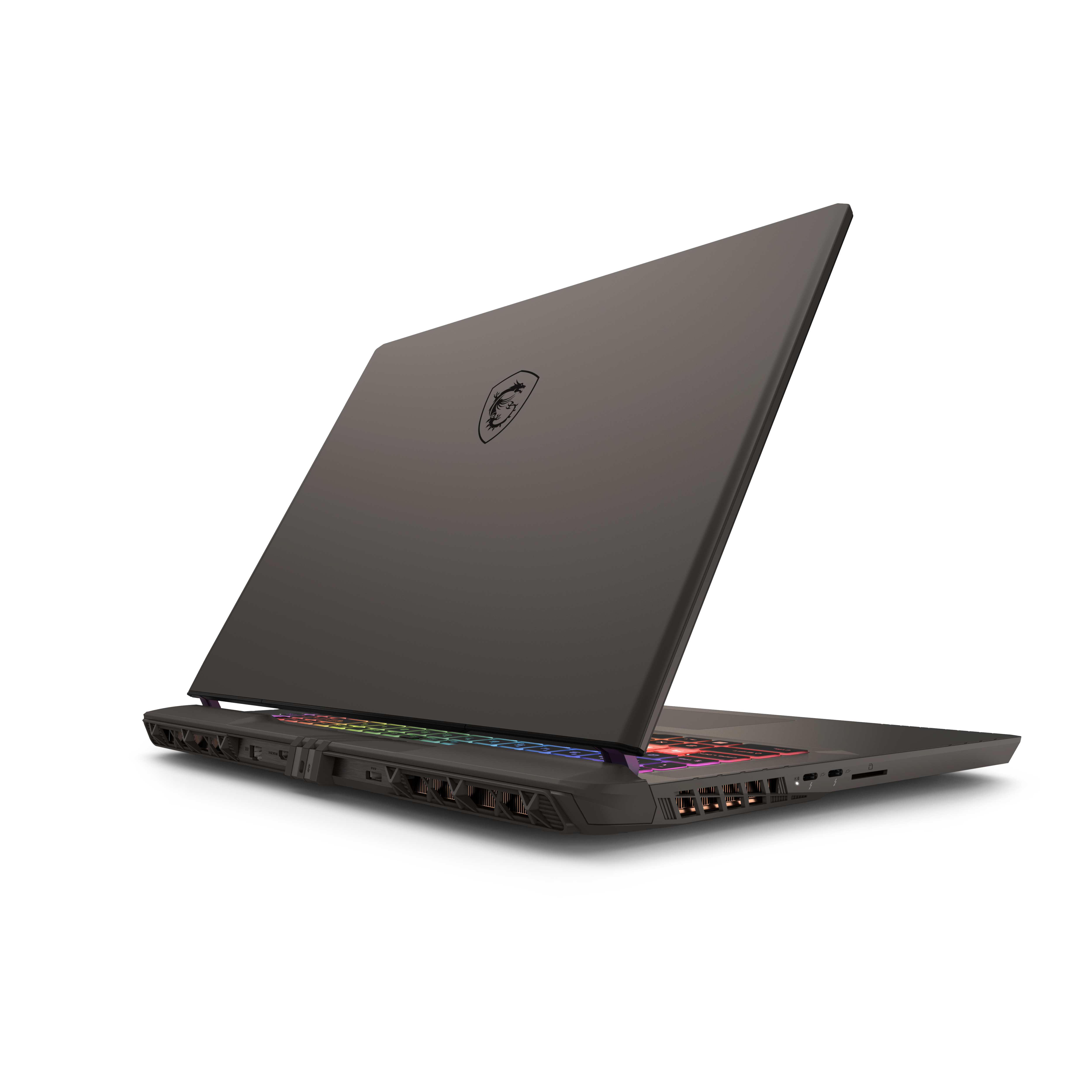 Schwarzer Laptop, geöffnet, angewinkelt. Tastatur farbig beleuchtet. MSI-Logo sichtbar.