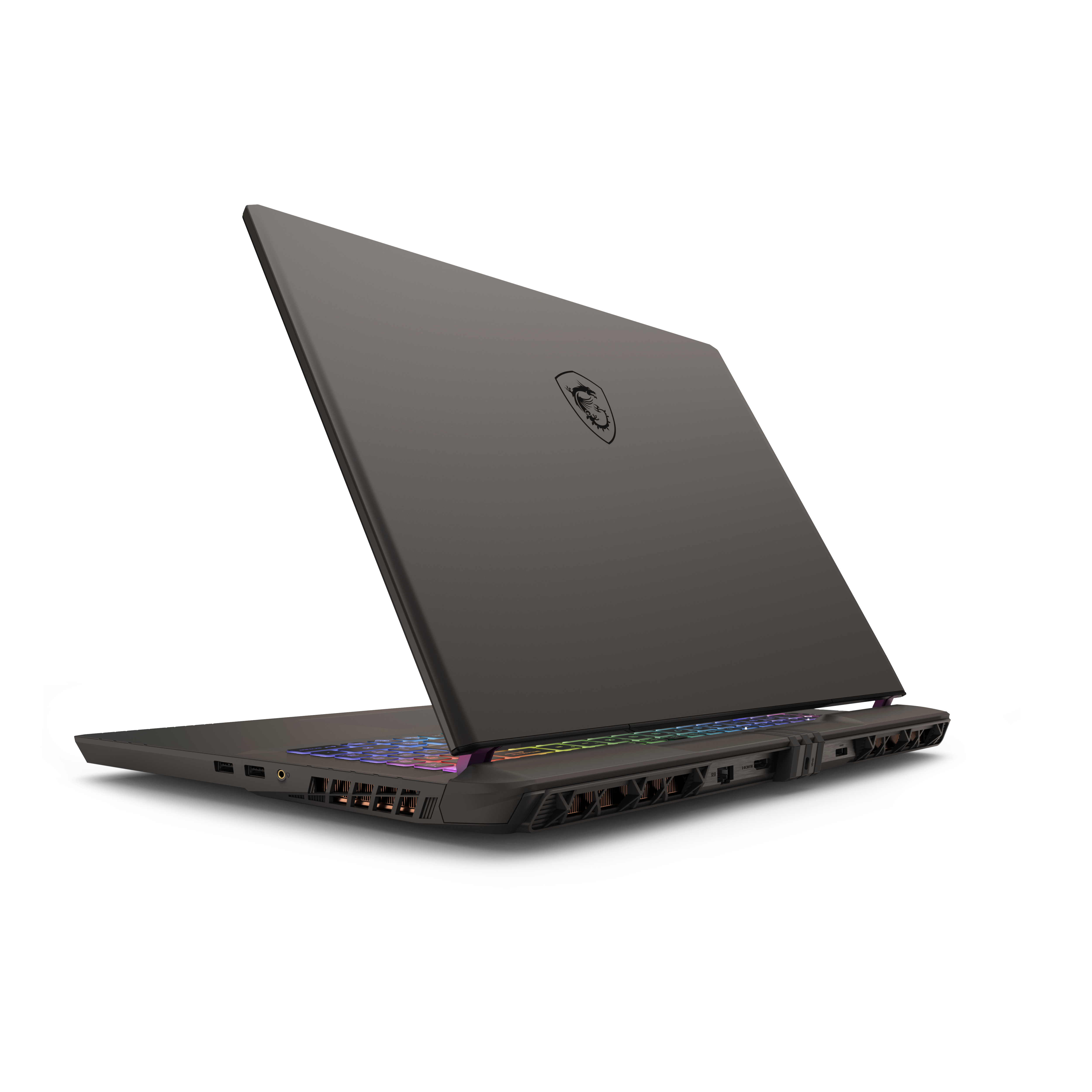 Zwarte MSI-laptop met kleurrijk toetsenbord, verlicht scherm. Witte achtergrond.