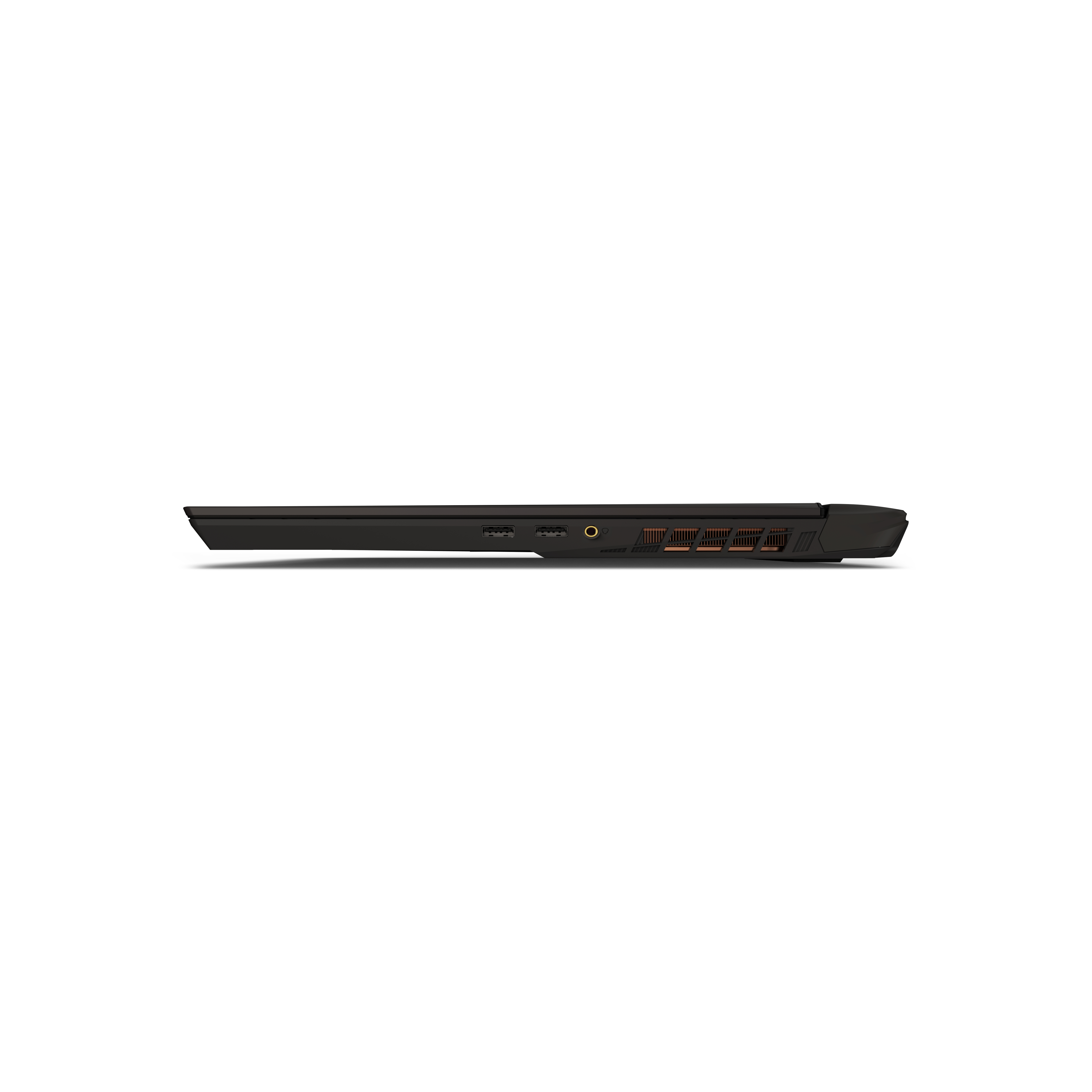 Zijaanzicht van een zwarte laptop. Verschillende poorten zijn aan de zijkant zichtbaar.