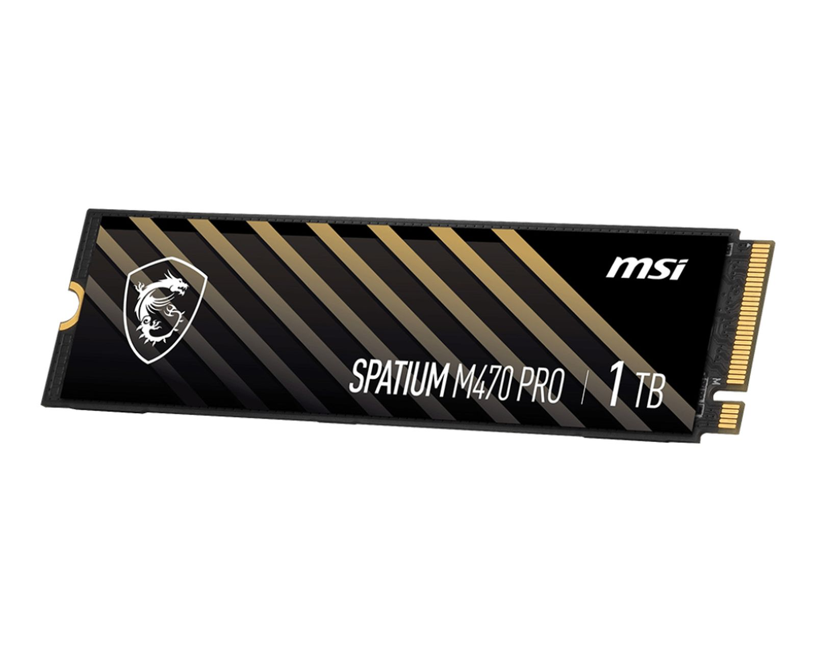 Dysk SSD MSI Spatium M470 PRO 1TB. Czarny ze złotymi paskami. Białe tło.