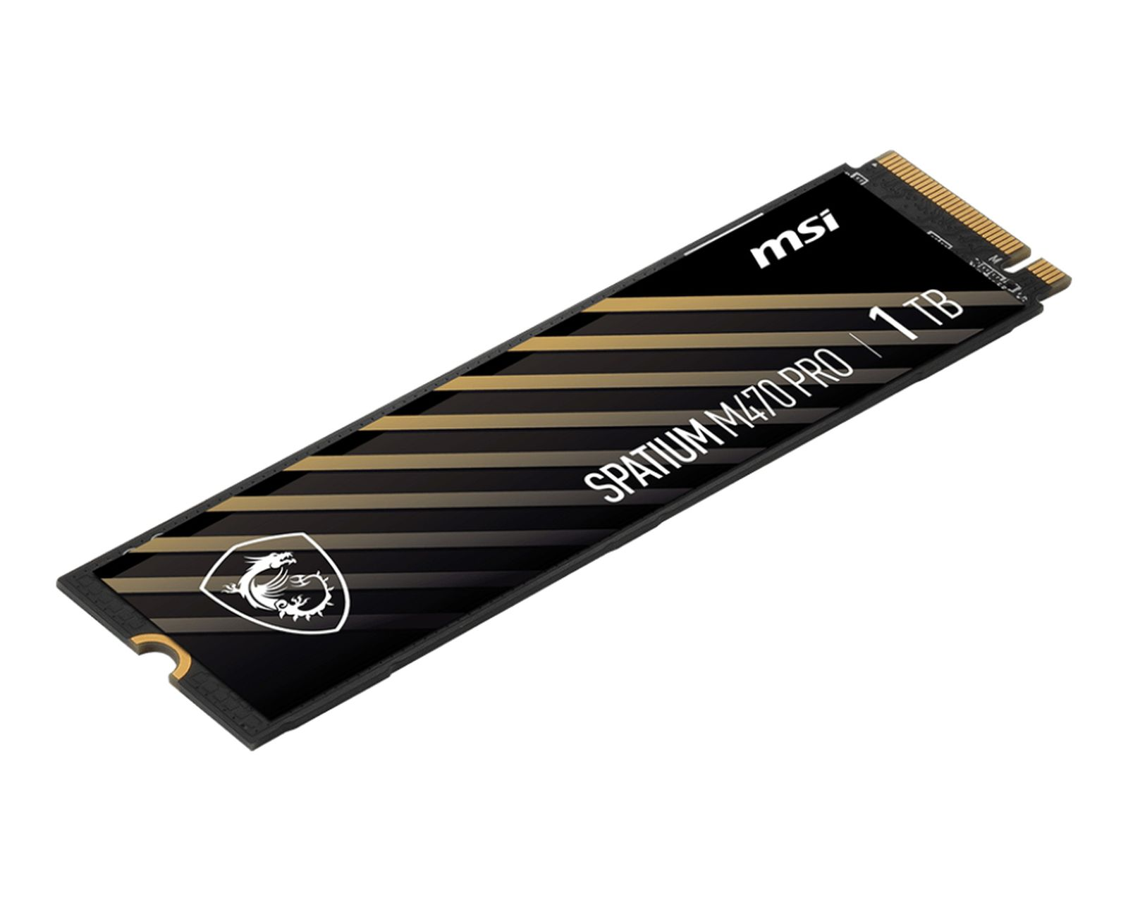 Czarny i złoty dysk SSD MSI Spatium M470 Pro 1TB na białym tle. Widoczne logo MSI.