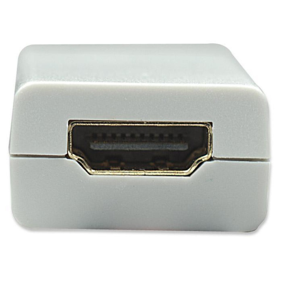 Primer plano de un conector HDMI. Es gris, con un interior dorado y un fondo blanco.