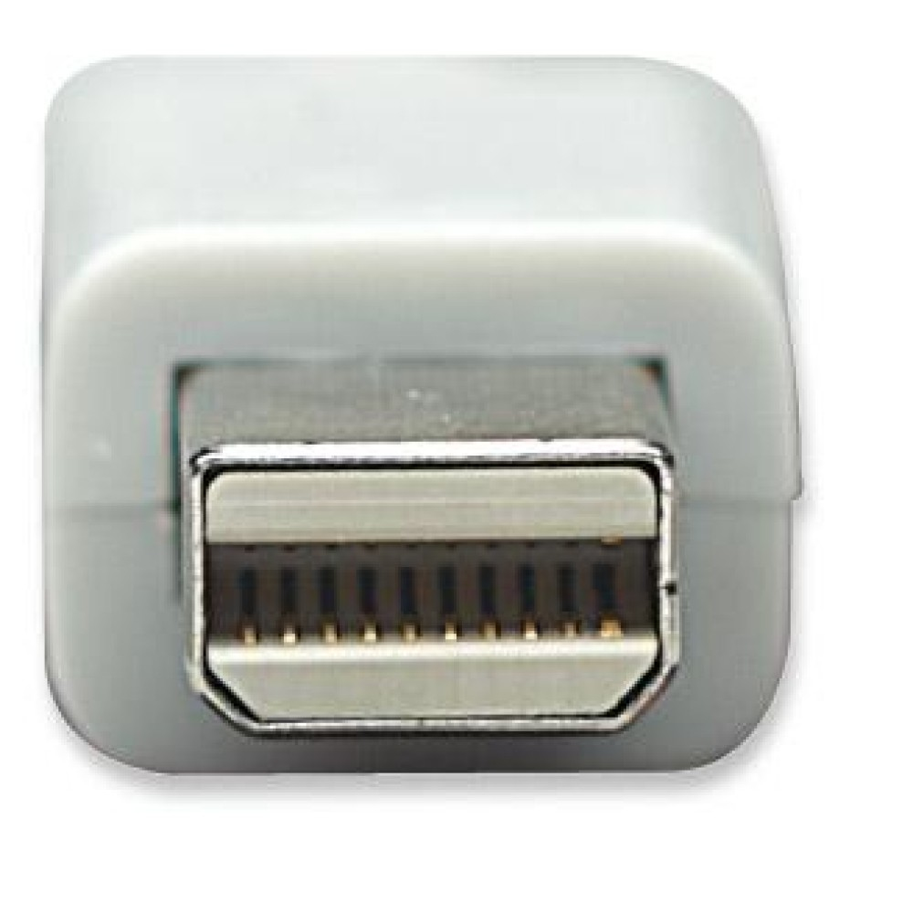 Adaptador blanco con conector mini DisplayPort macho. El fondo es blanco. Es una toma de primer plano.