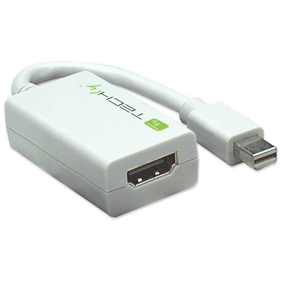 Adaptador blanco de HDMI a Mini DisplayPort con cable blanco. Logo Techly visible.