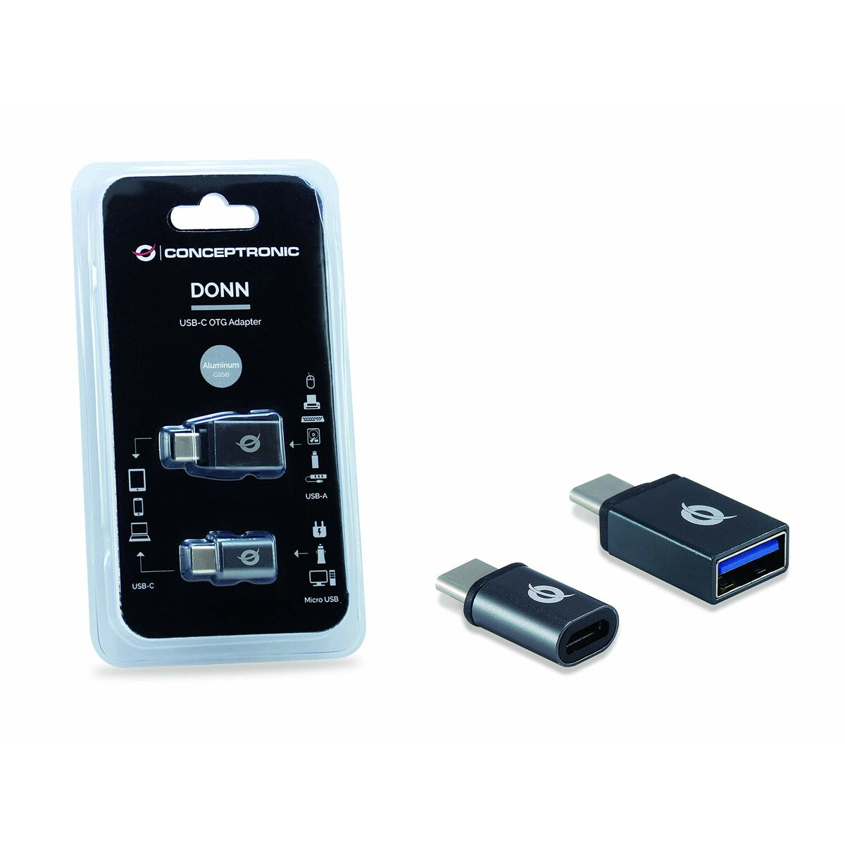 Un adaptador Conceptronic USB-C OTG en su embalaje y dos adaptadores.