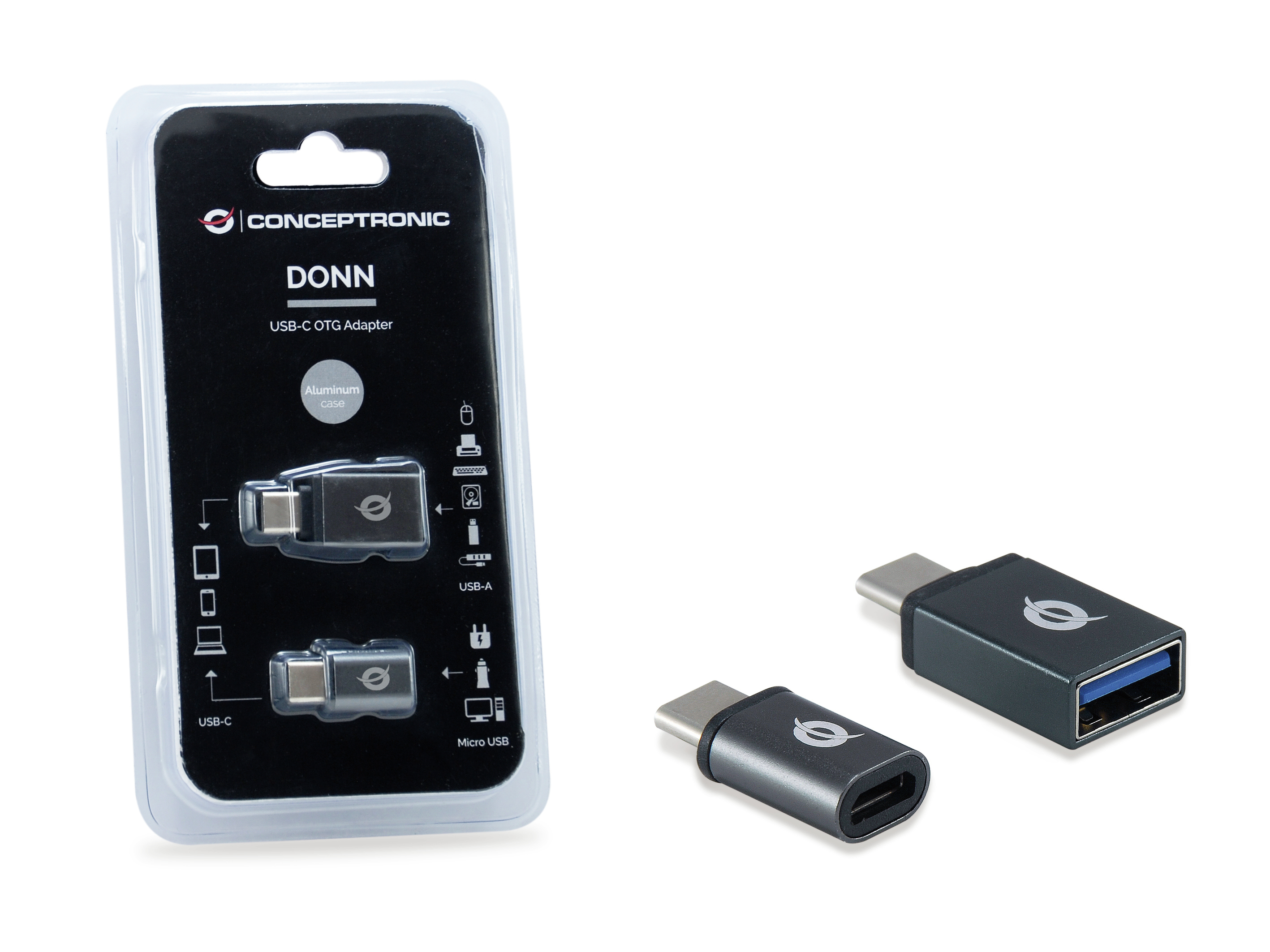 Un paquete adaptador Conceptronic USB-C OTG y dos adaptadores, sobre un fondo blanco.