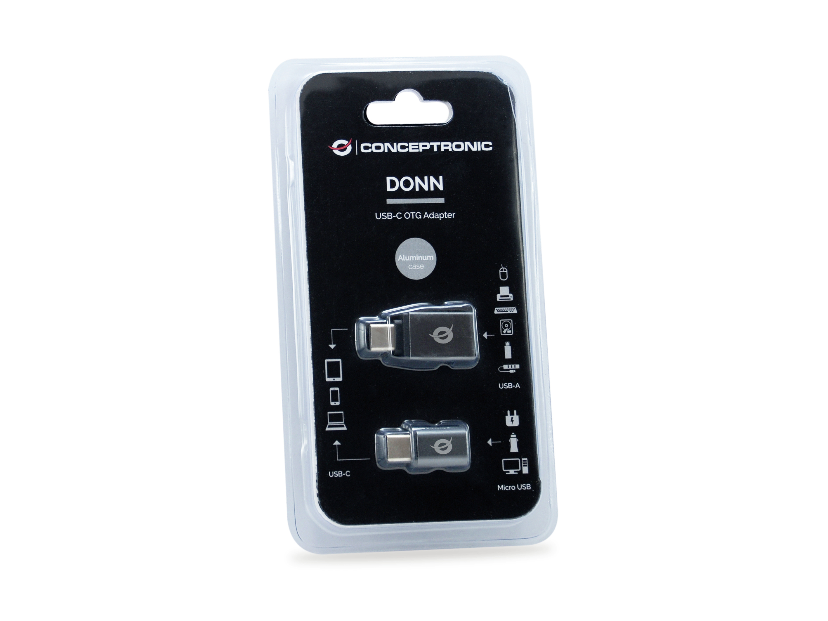 Embalaje del adaptador USB-C OTG Conceptronic, mostrando tipos de adaptador.