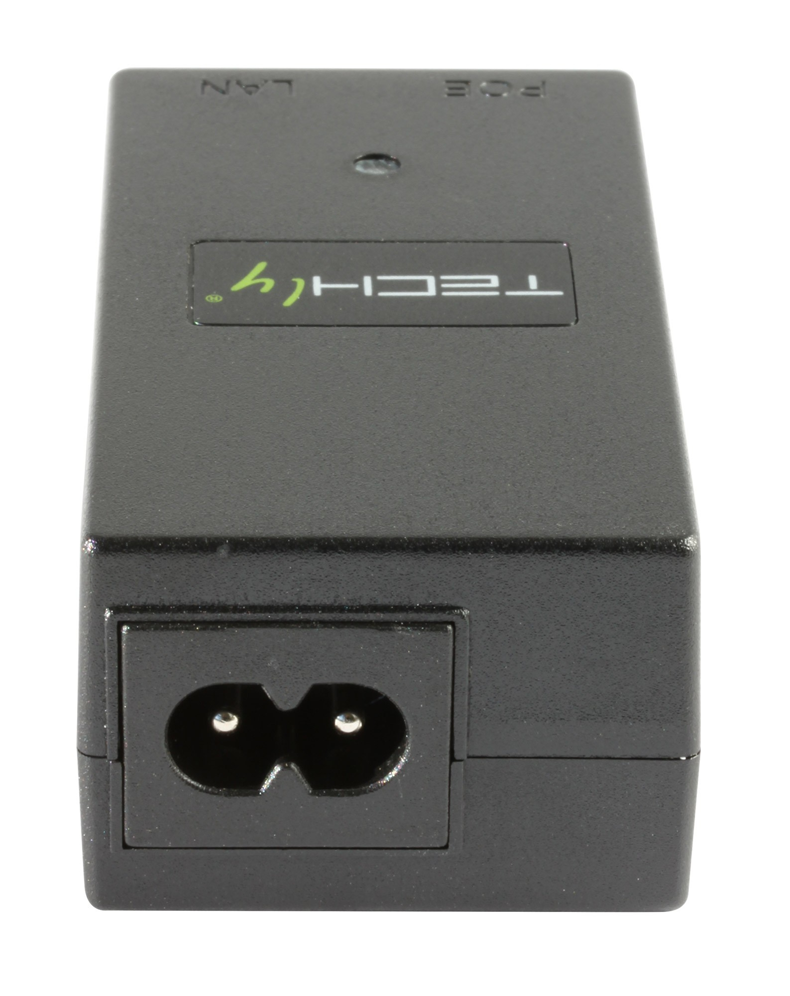 Czarny adapter TECHly z wejściem zasilania i logo na białym tle.