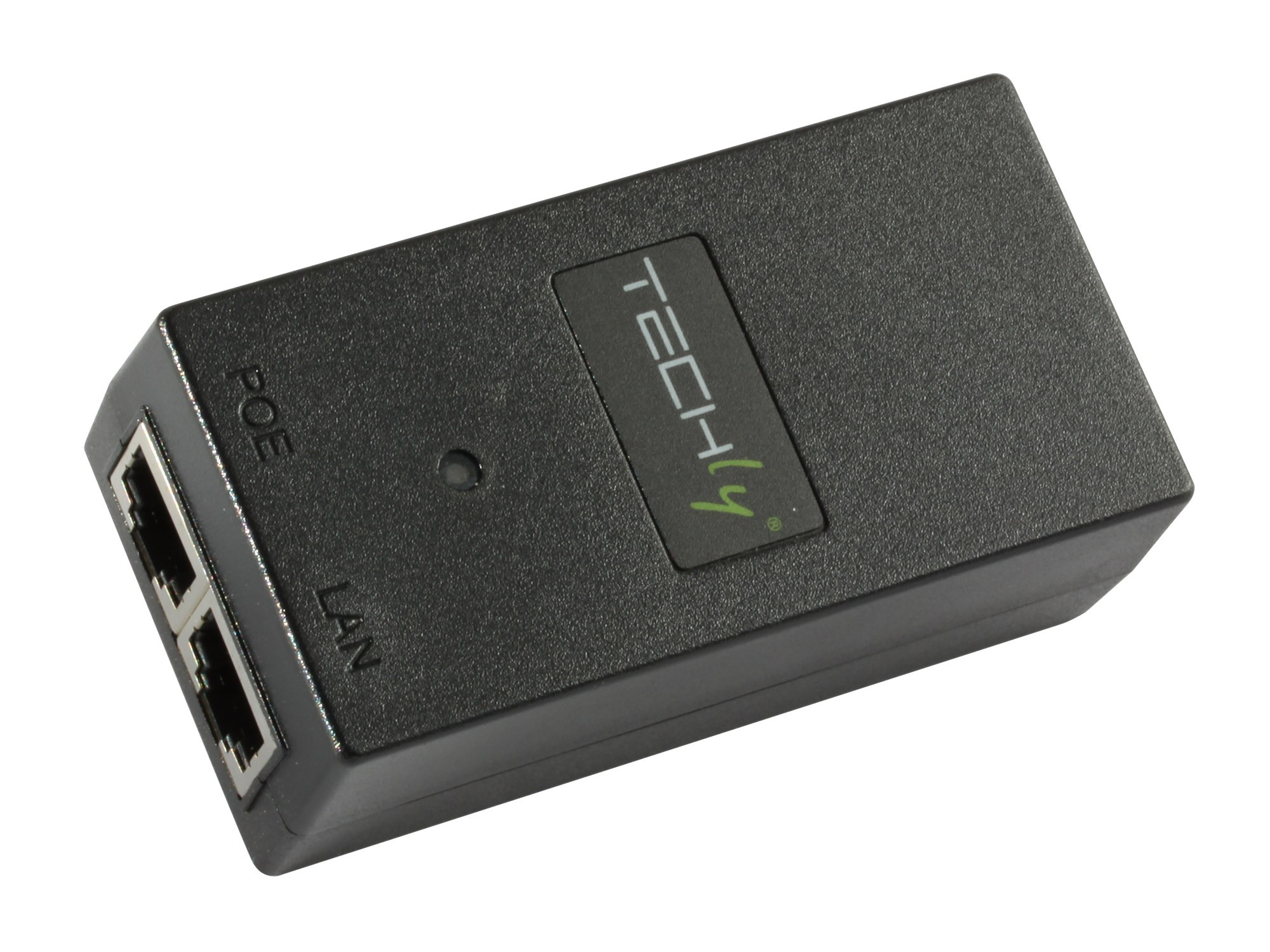 Czarny adapter Techly PoE z dwoma portami RJ45.