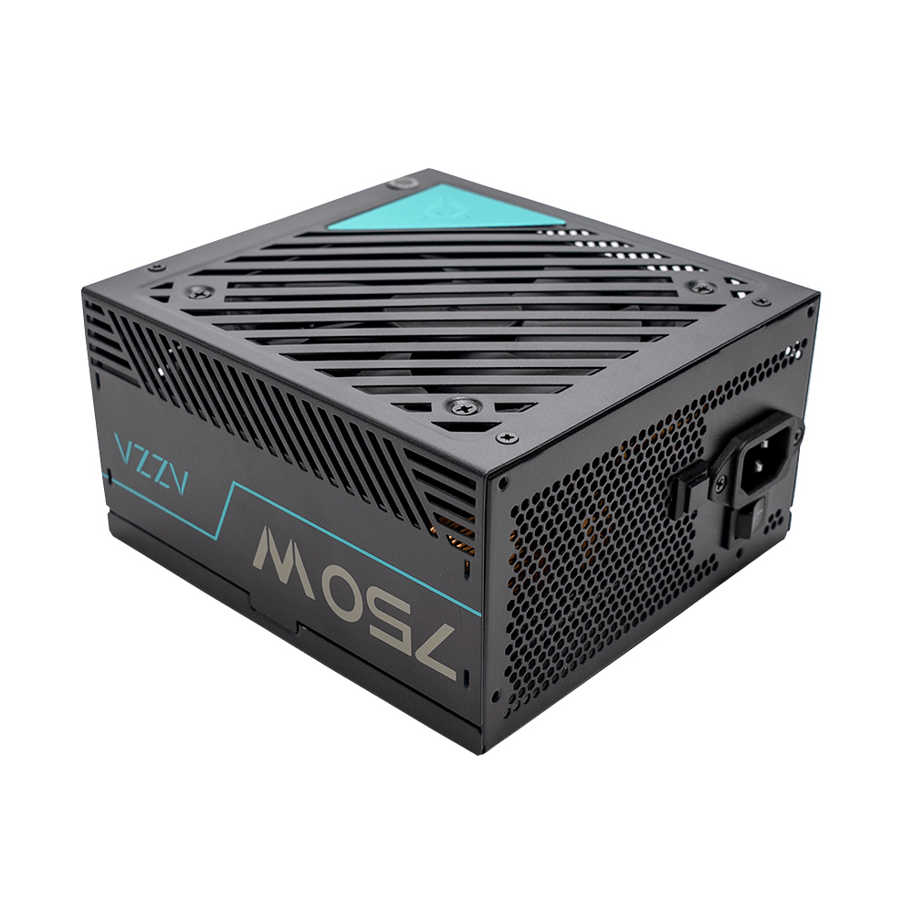 Alimentatore NZXT 750W nero con un accento blu, su sfondo bianco.