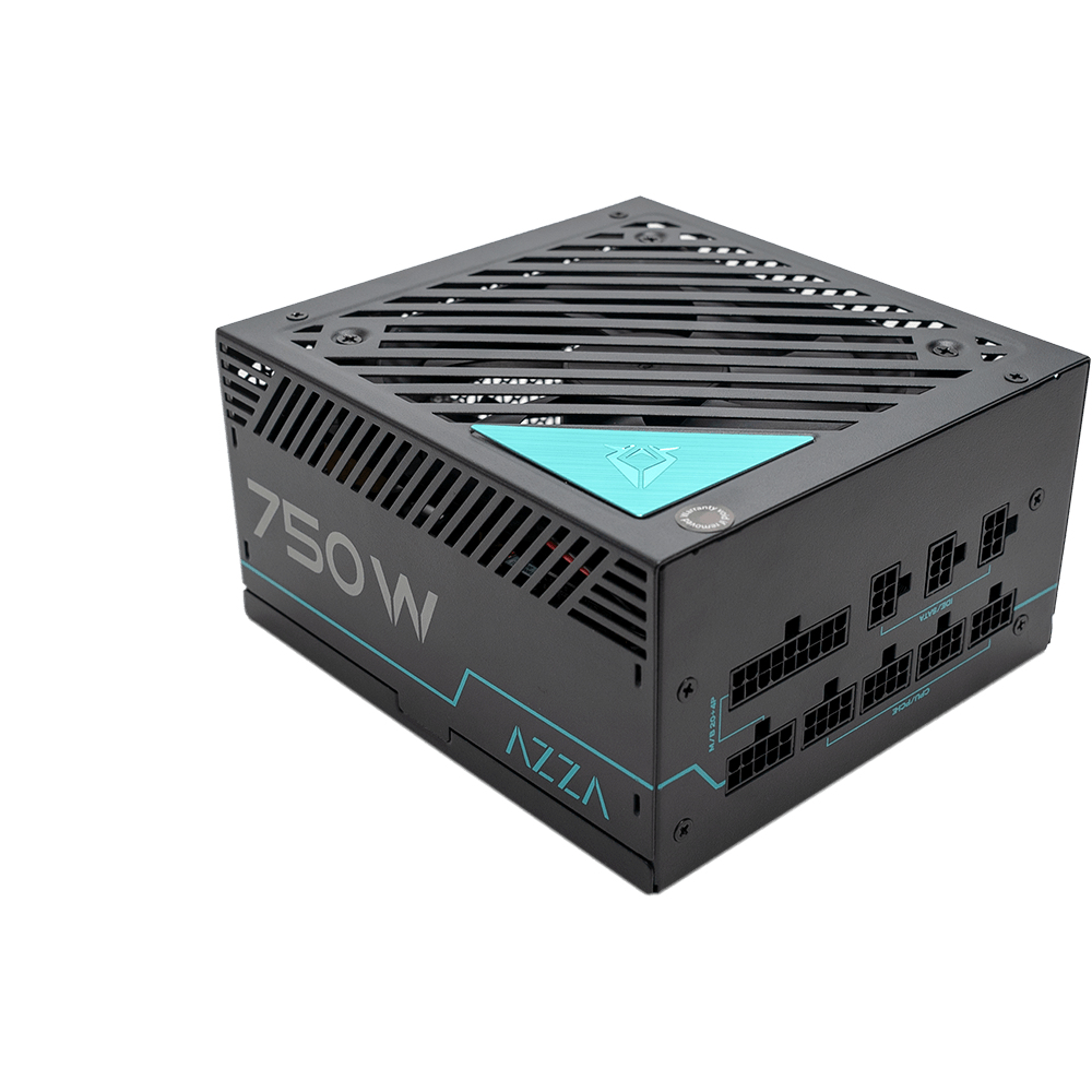Alimentatore NZXT 750W nero, vista angolata, con accenti turchese.