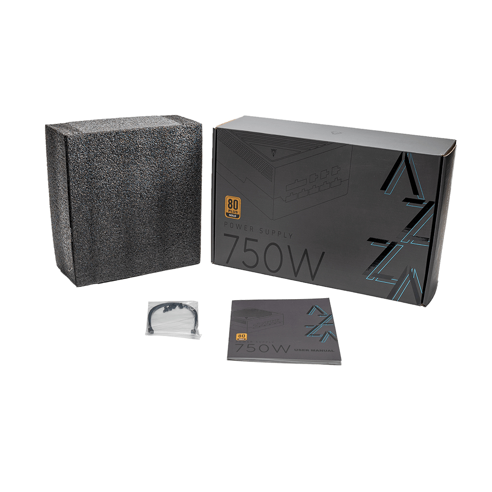 Alimentatore NZXT 750W in una scatola, con schiuma, cavo e manuale utente.