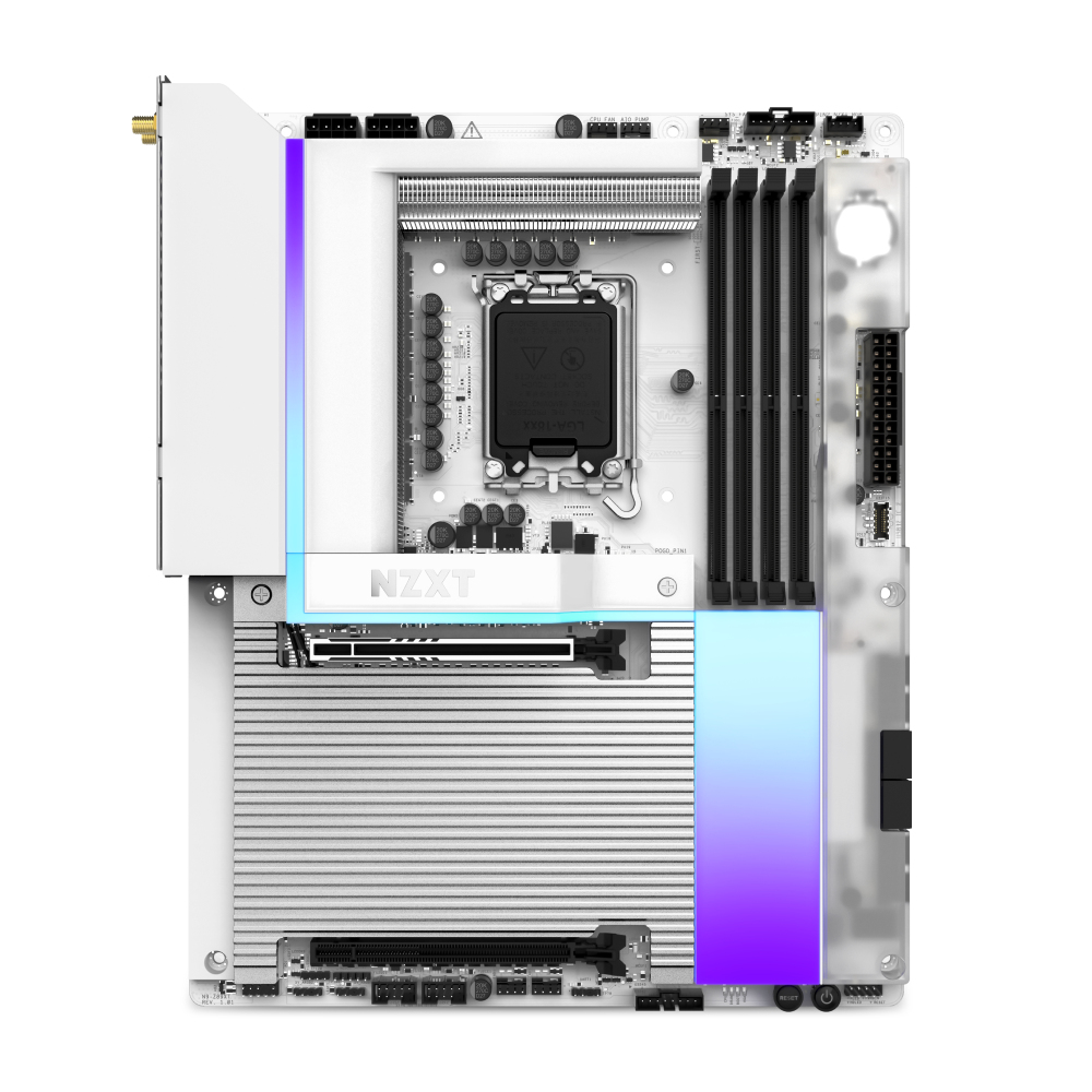 Biała płyta główna NZXT z podświetleniem RGB na białym tle.