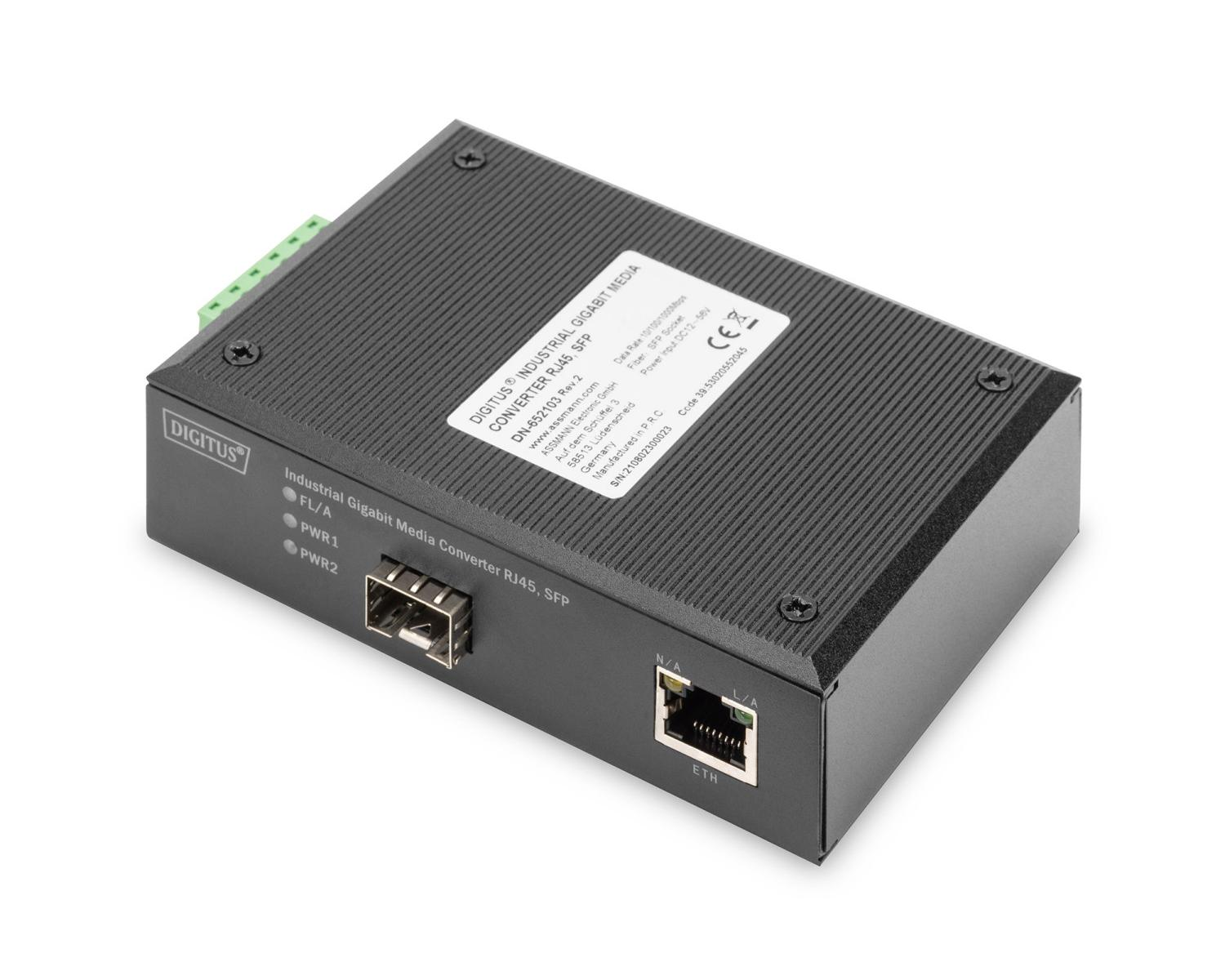 Czarny konwerter multimediów Digitus z portami, etykietą, na białej powierzchni.