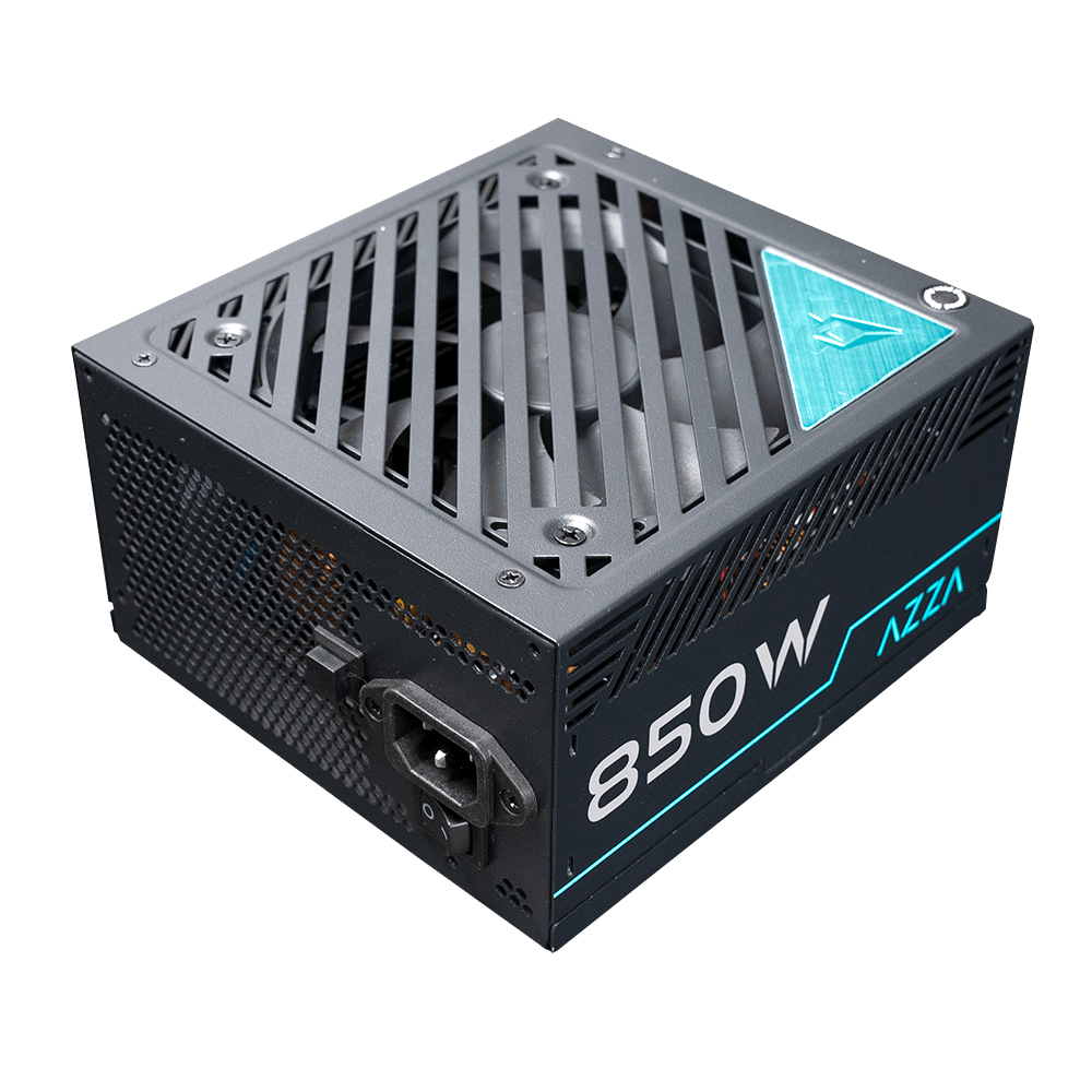 Alimentatore nero da 850 W, vista angolata, con accenti turchesi e ventola.