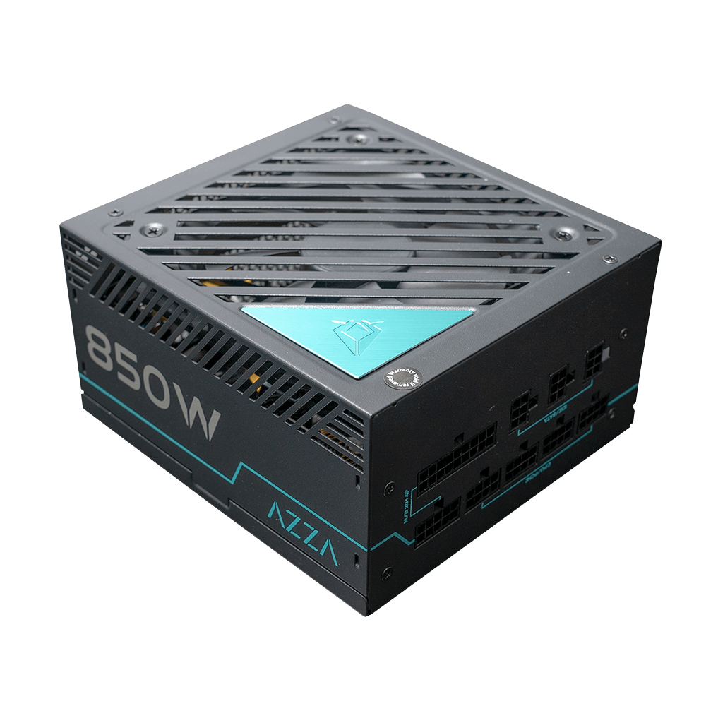 Alimentatore nero da 850 W, vista angolata, con accenti turchesi e ventola.