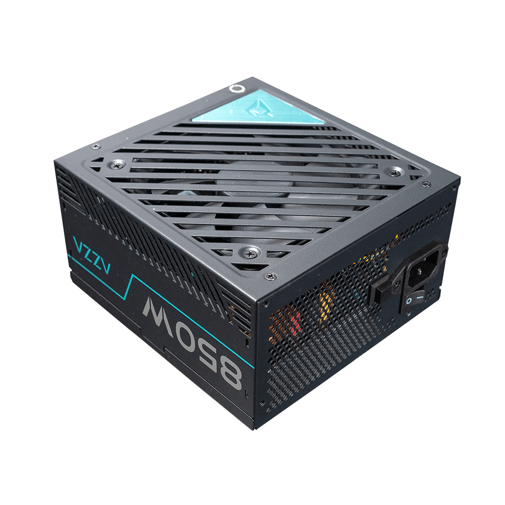 Alimentatore NZXT MOS850, nero. Ventola visibile, con dettagli e etichette del prodotto.