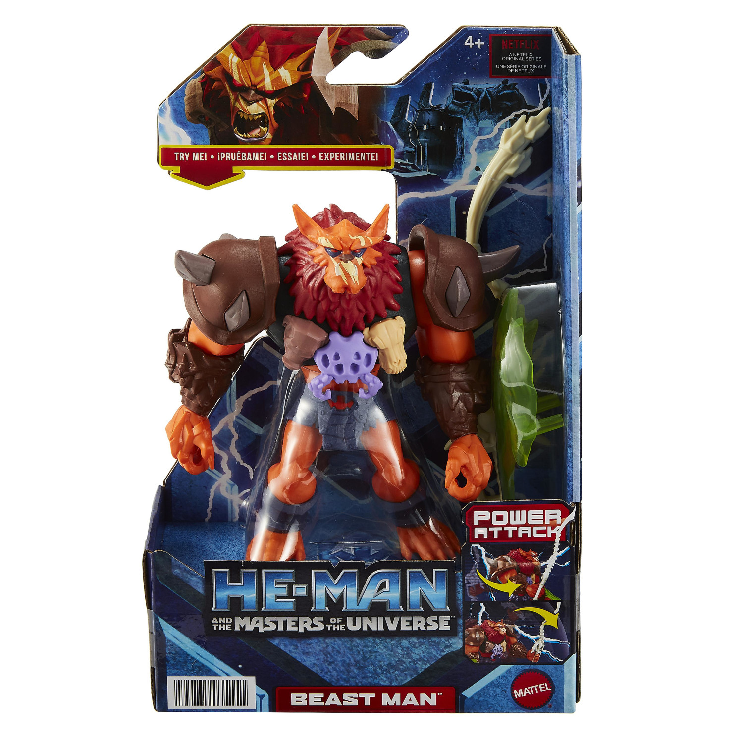 Action figure di He-Man Beast Man in confezione. Colori arancione e marrone. La confezione ha testo.