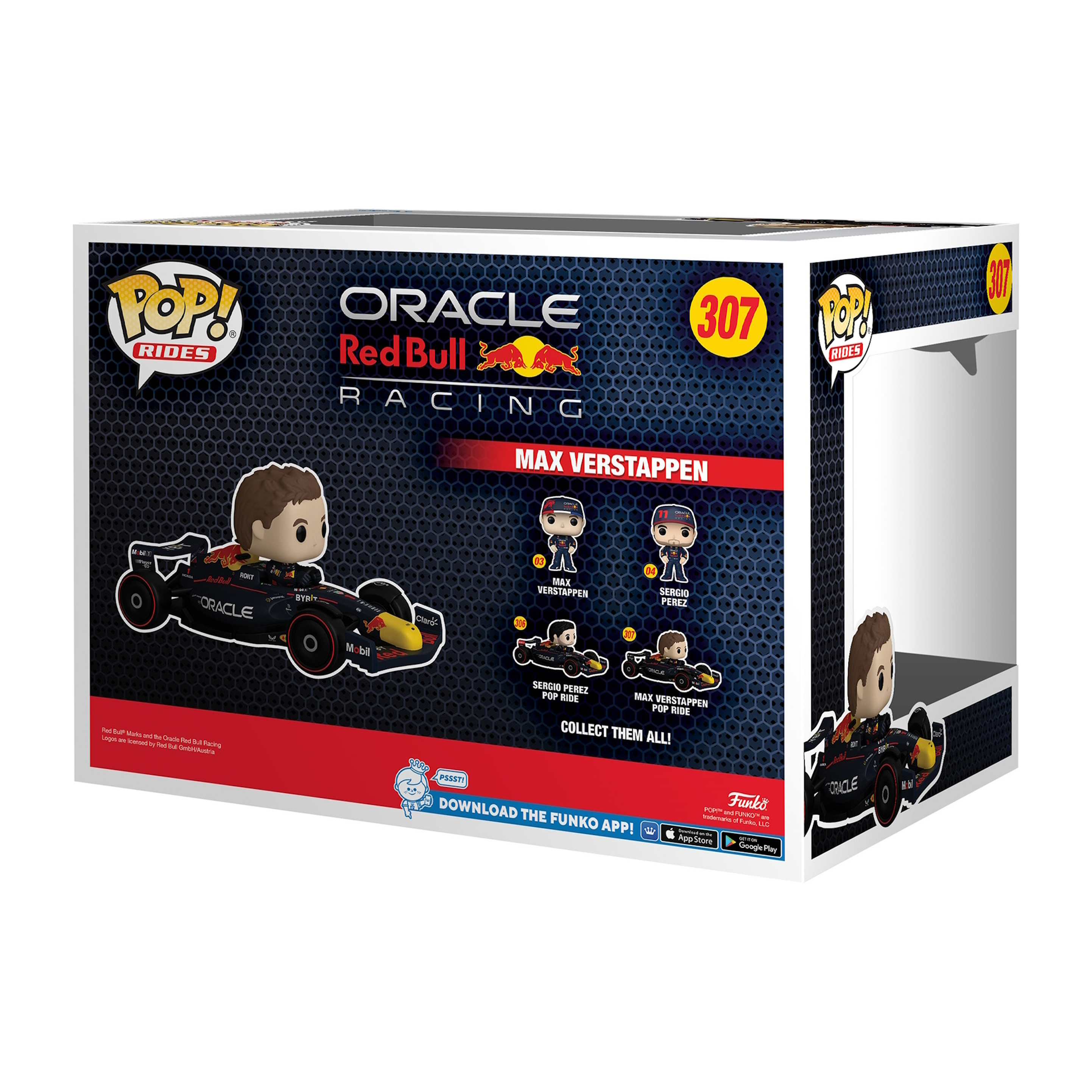 Pudełko Funko Pop z Maxem Verstappenem w samochodzie Red Bull F1. Białe tło ze zdjęciami samochodu.