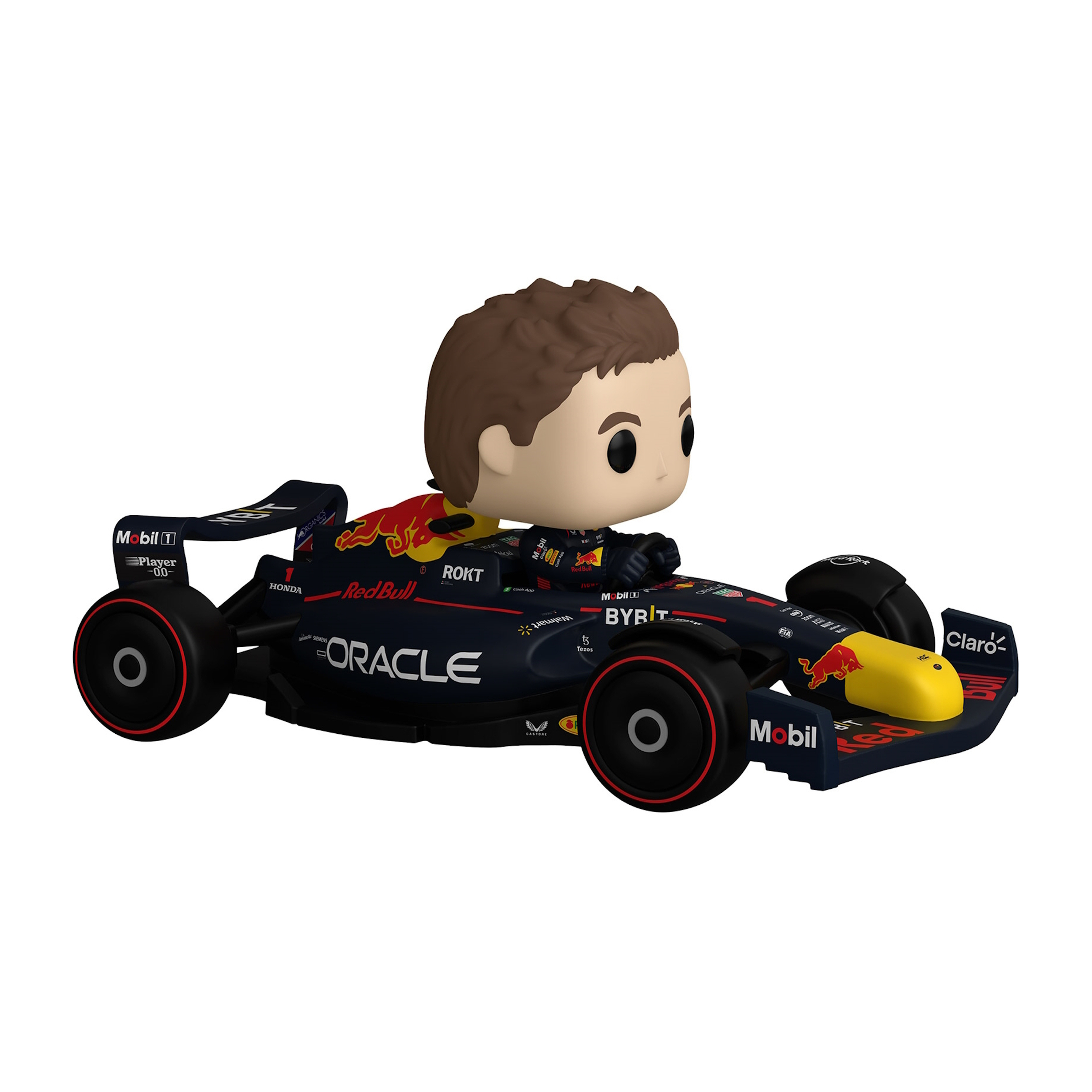 Figurka Funko Pop kierowcy Formuły 1 w samochodzie Red Bull. Samochód ma logo Oracle i inne.