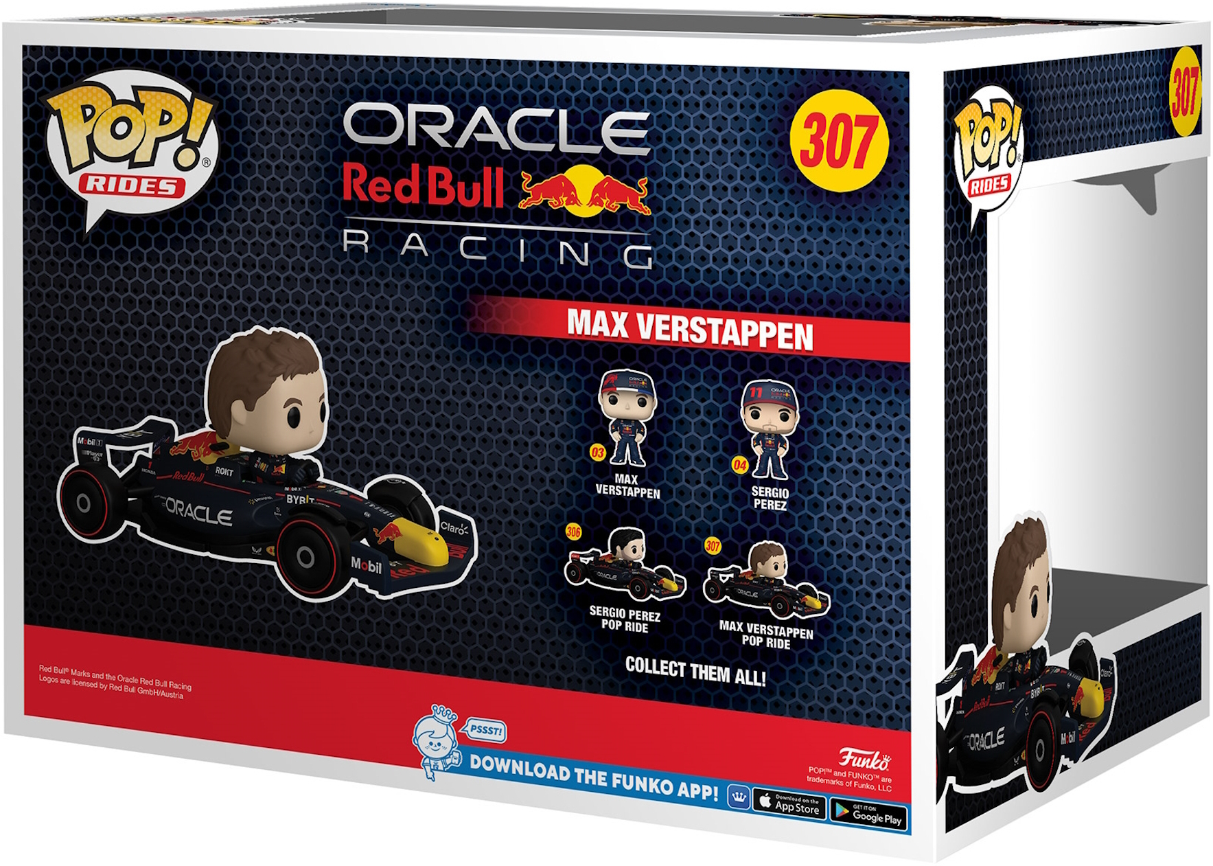 Pudełko Funko Pop z Maxem Verstappenem w samochodzie Red Bull F1. Czerwony i czarny design. Białe tło.