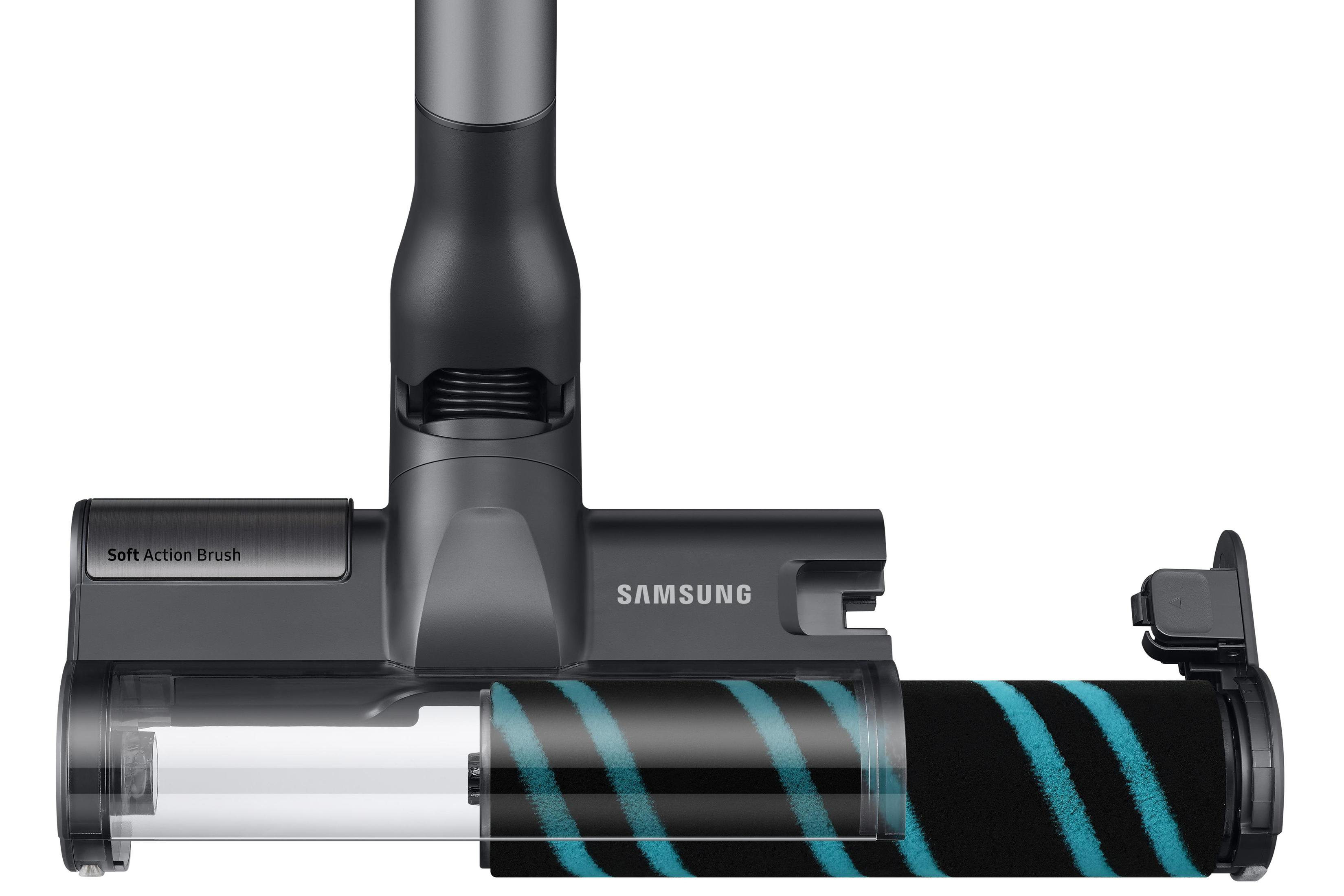 Nahaufnahme eines Staubsaugerkopfes mit rotierender Bürste und dem Samsung-Logo.