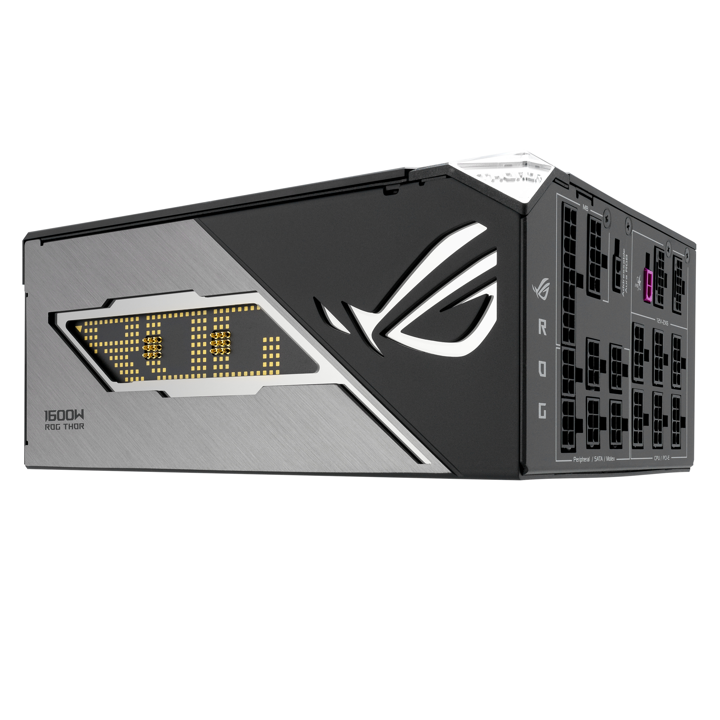 Zasilacz ASUS ROG THOR 1600W. Srebrny i czarny, z podświetlanym wyświetlaczem i logo. Widok z przodu.