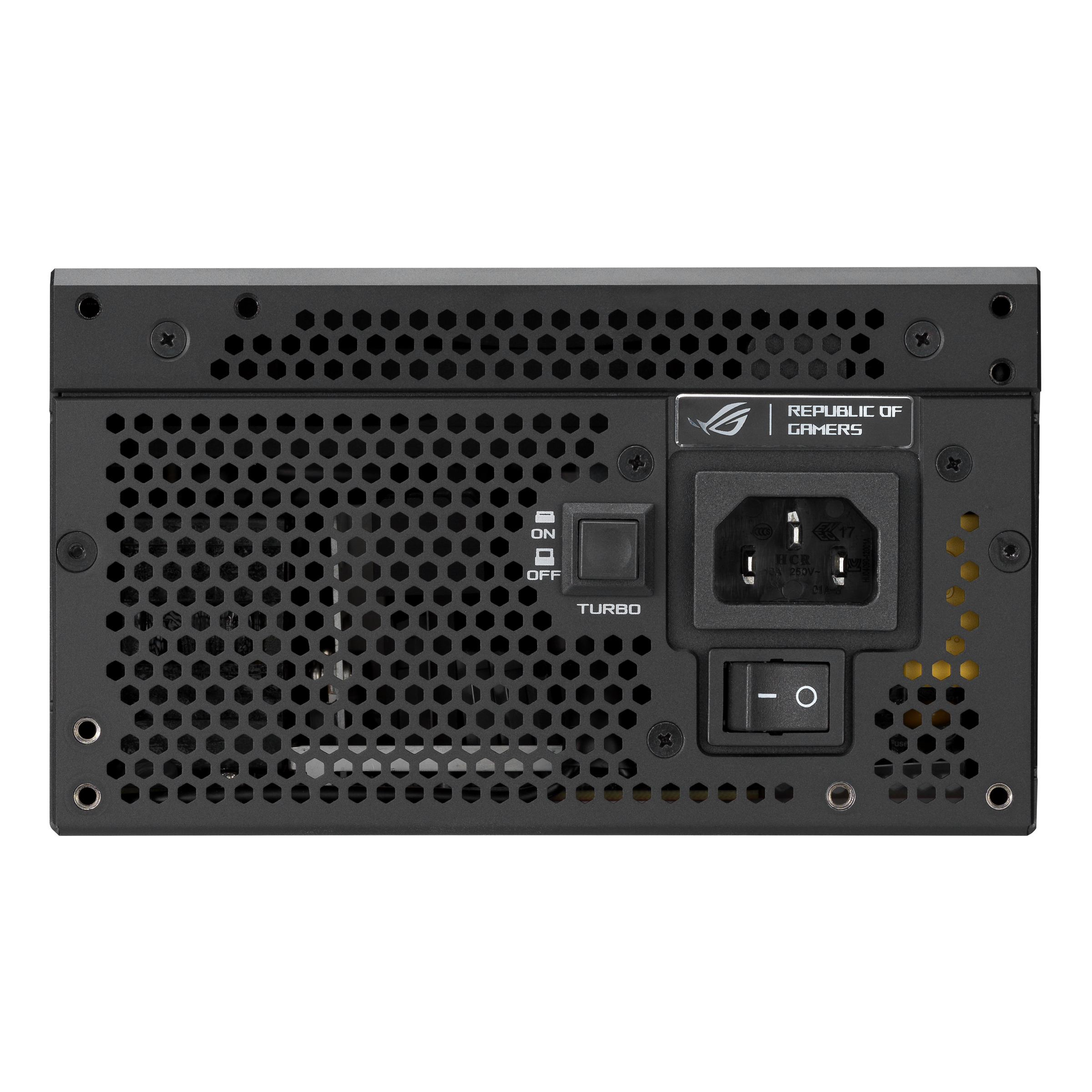 Czarny zasilacz komputerowy z kratką o strukturze plastra miodu, przełącznikiem i złączem.