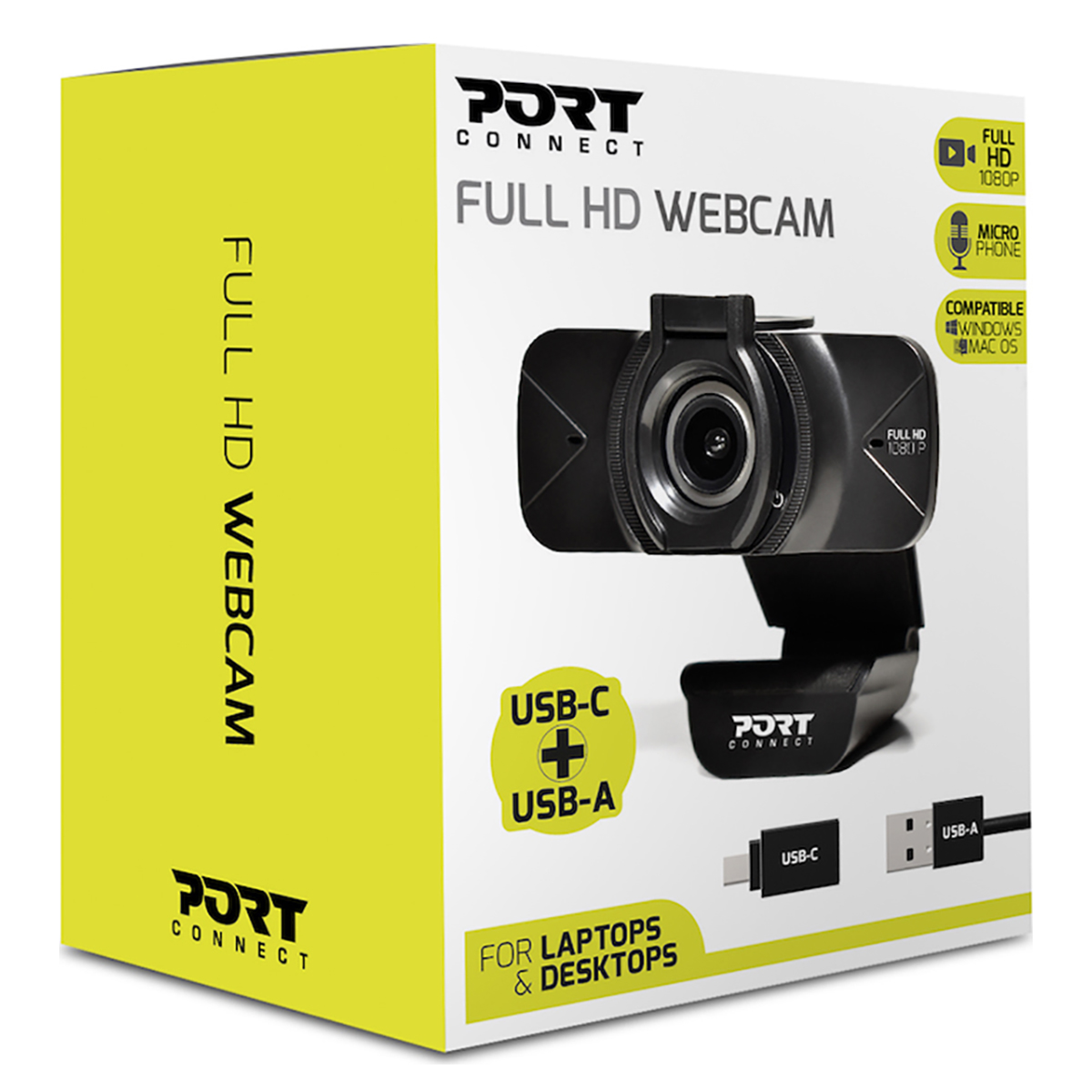 Pudełko kamery internetowej z produktem, marką i funkcjami na froncie. Pokazano kable USB-C i USB-A.