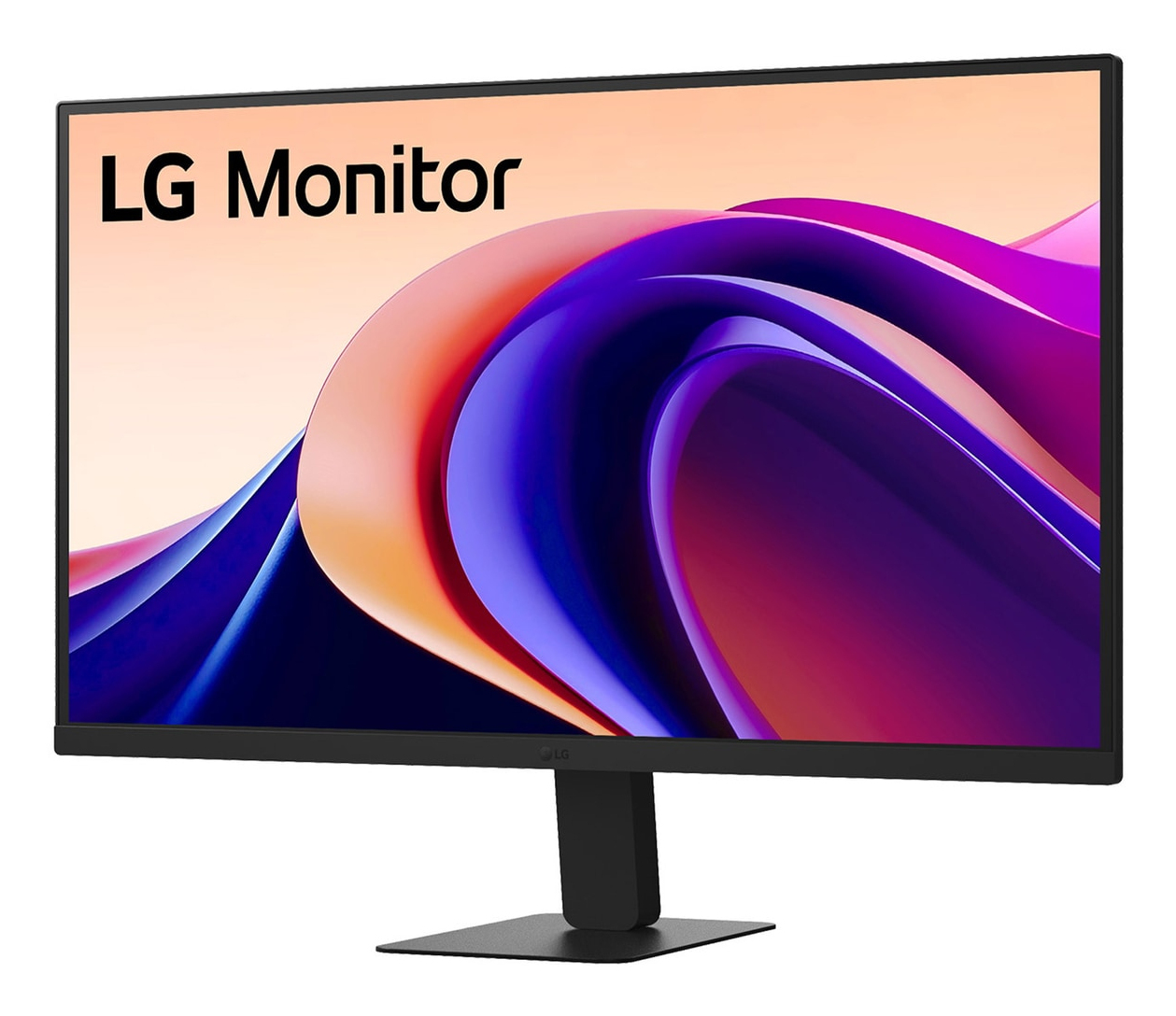 Czarny monitor LG ze słowami 'LG Monitor' na ekranie, na tle gradientu.