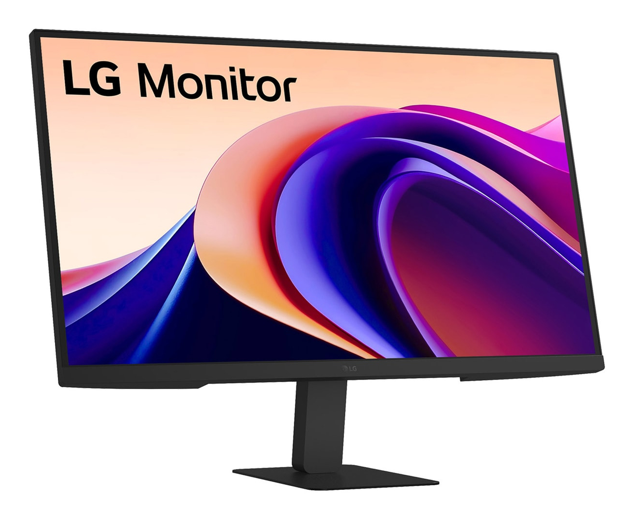 Monitor LG z kolorowym ekranem wyświetlającym wzór fal, czarną ramką i podstawą.