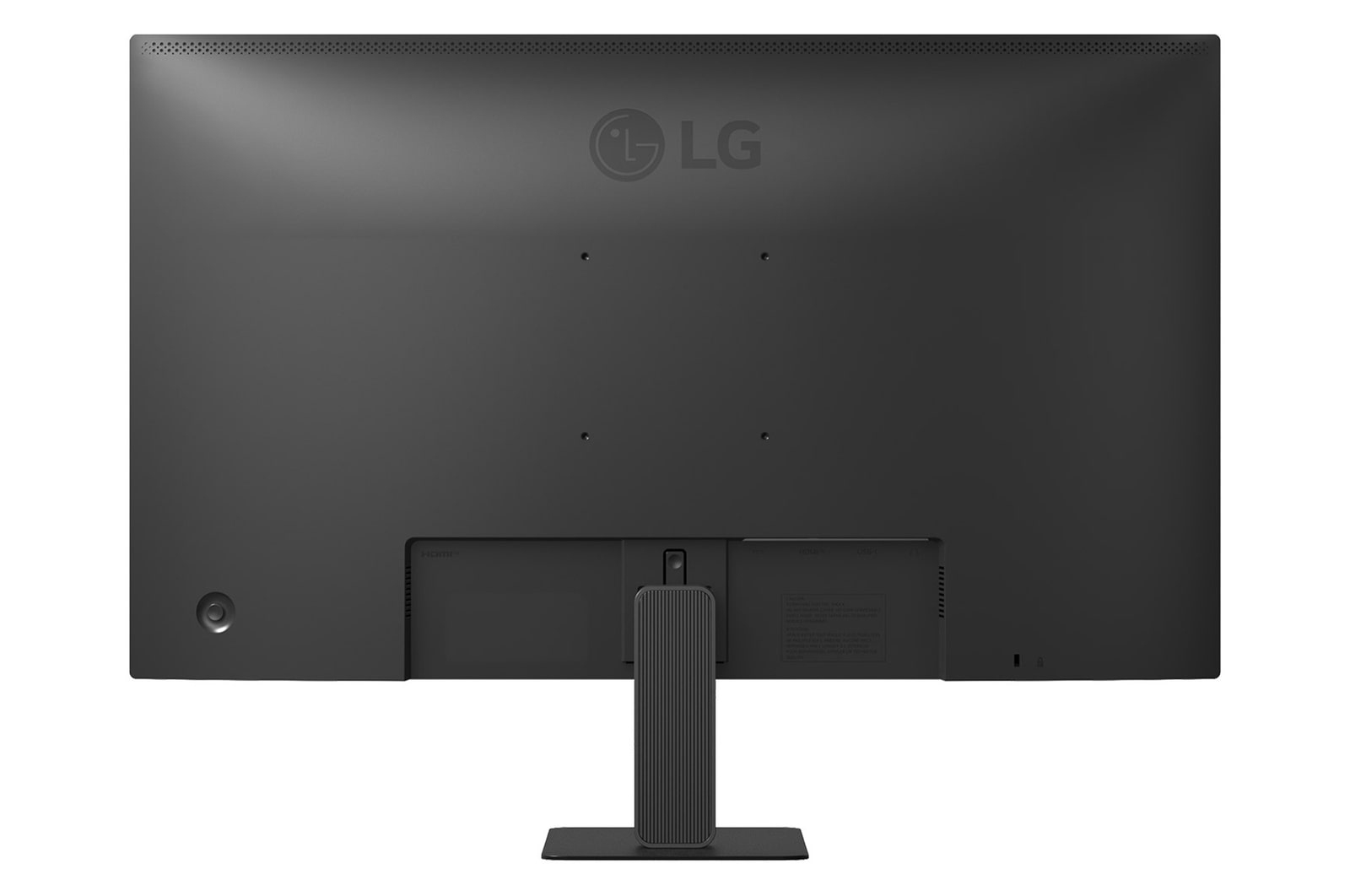 Retro del monitor LG. Nero, con connettori e supporto. Sfondo bianco.