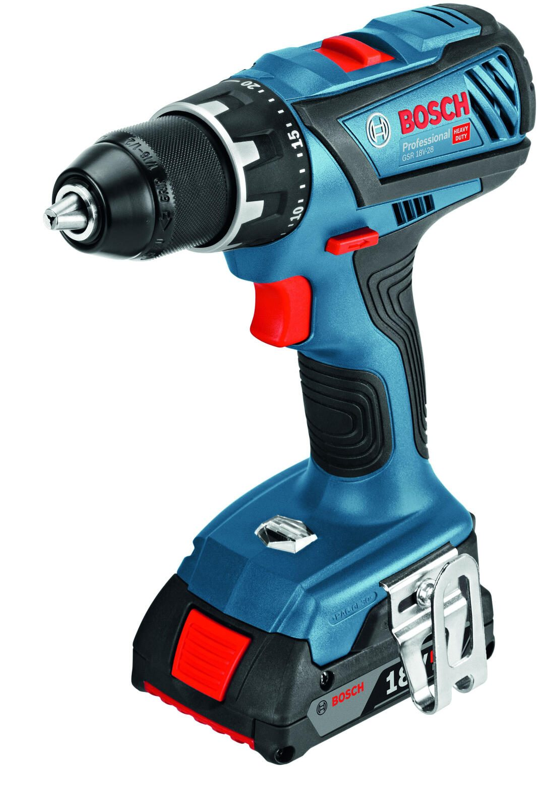 Taladro inalámbrico azul y negro con botones rojos. Logotipo de Bosch visible.