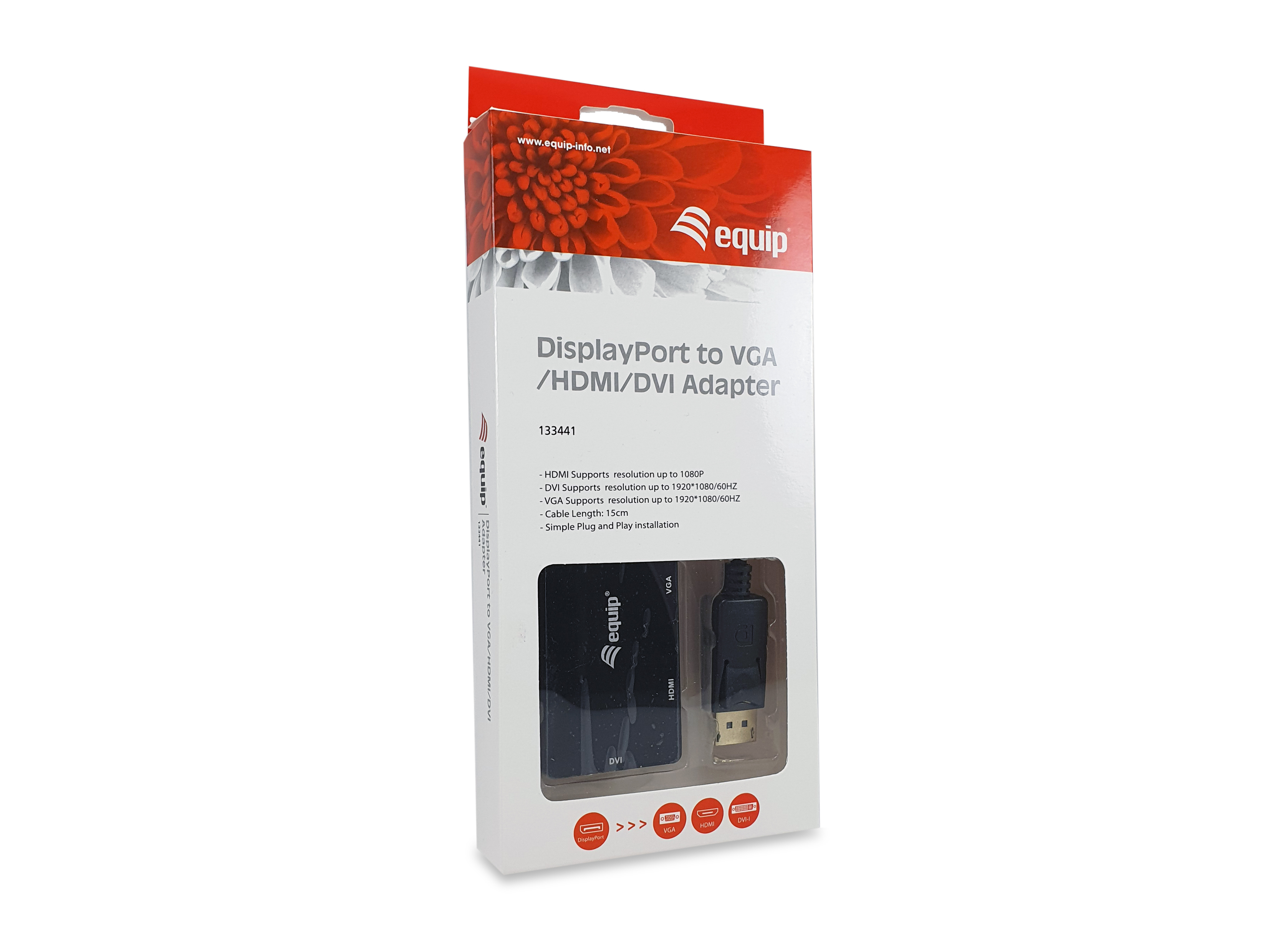 Biało-czerwone pudełko na adapter DisplayPort do VGA/HDMI/DVI. Adapter jest czarny.