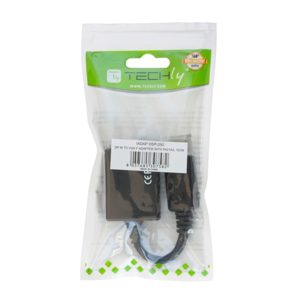 Adaptador en bolsa de plástico. Dice: DP a VGA con cable 15cm. Marca Techly.