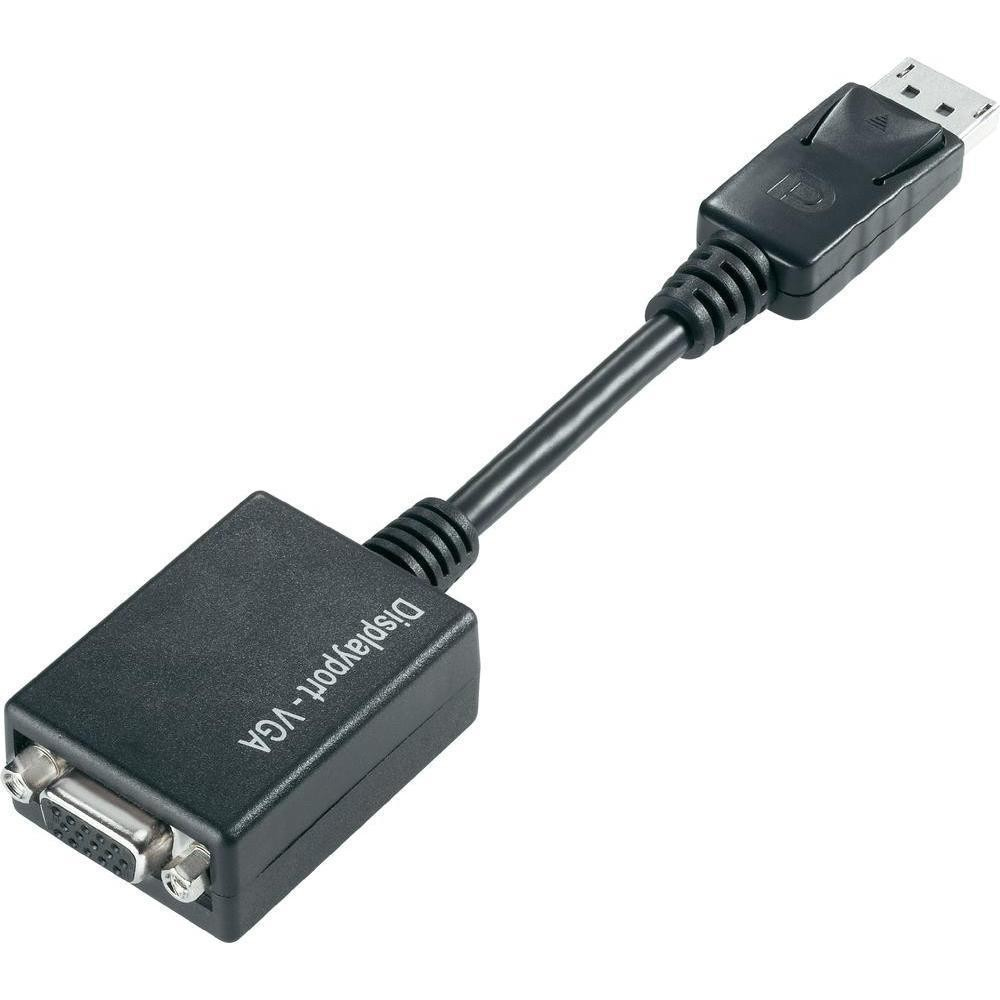 Adaptador DisplayPort a VGA con conector rectangular negro y cable.