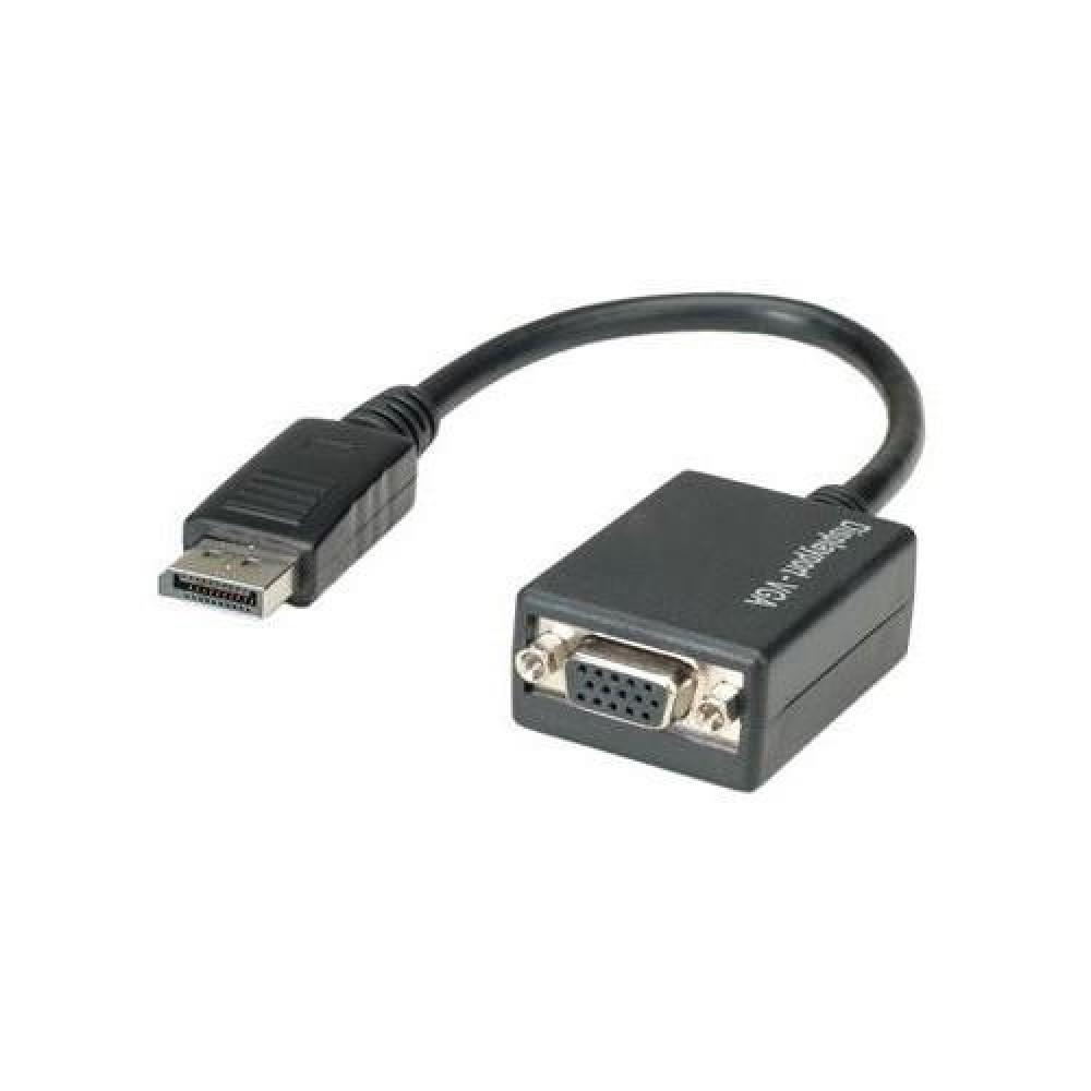 Adaptador DisplayPort a VGA. Color negro. Conectado por un cable negro. Fondo blanco.