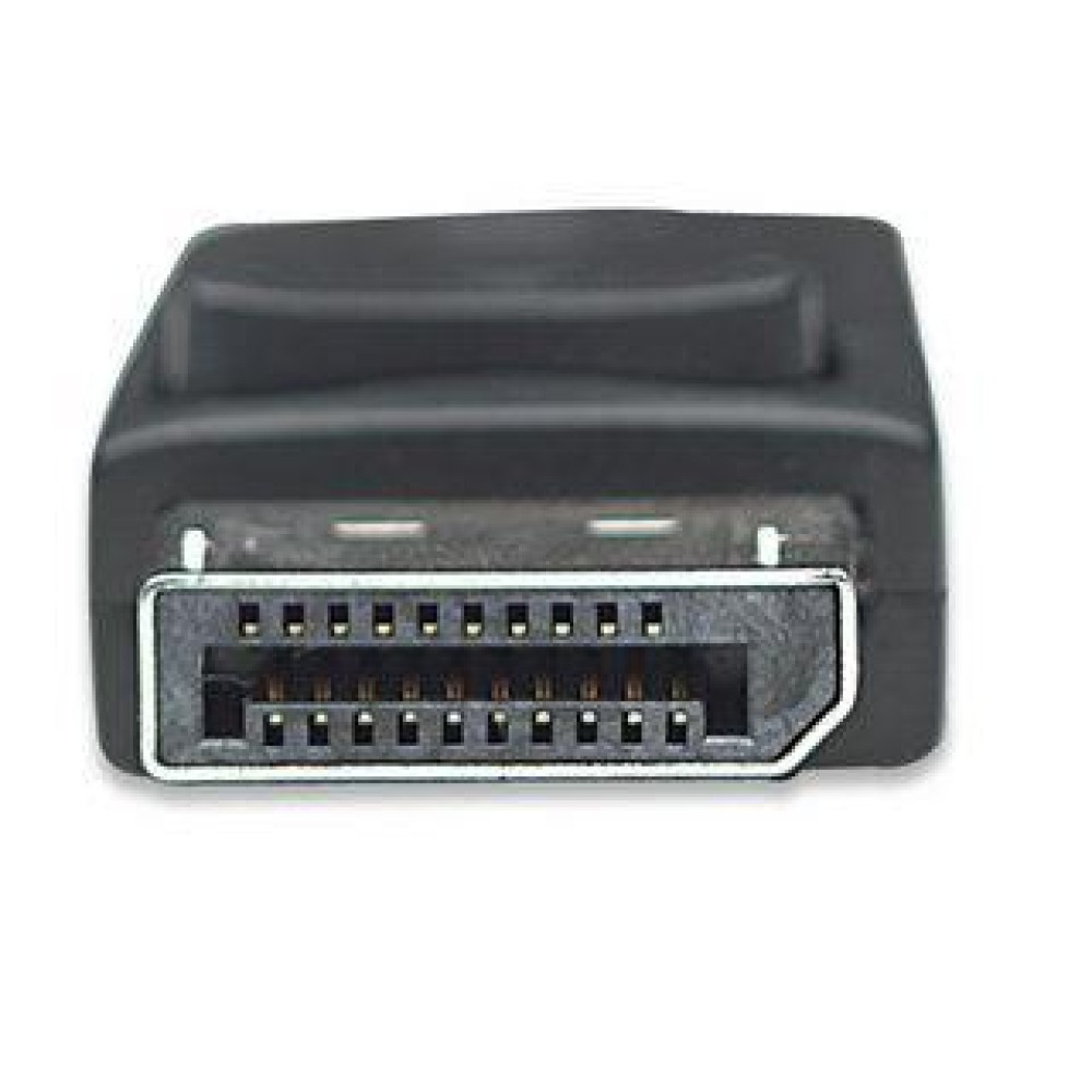 Conector DisplayPort. Negro, primer plano. Múltiples pines visibles dentro del conector.